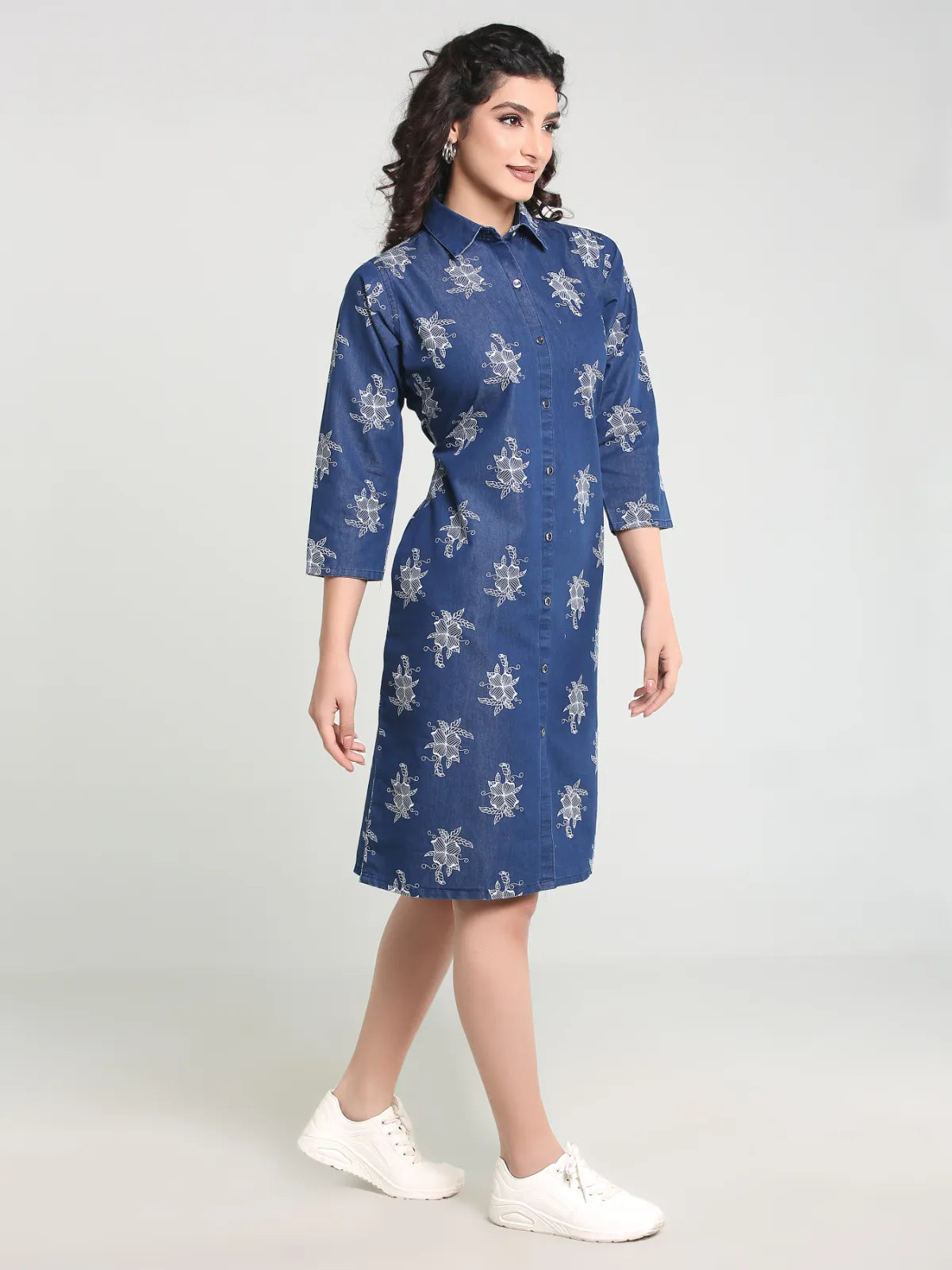 Denim Printed Shirt Collar One-piece Dress