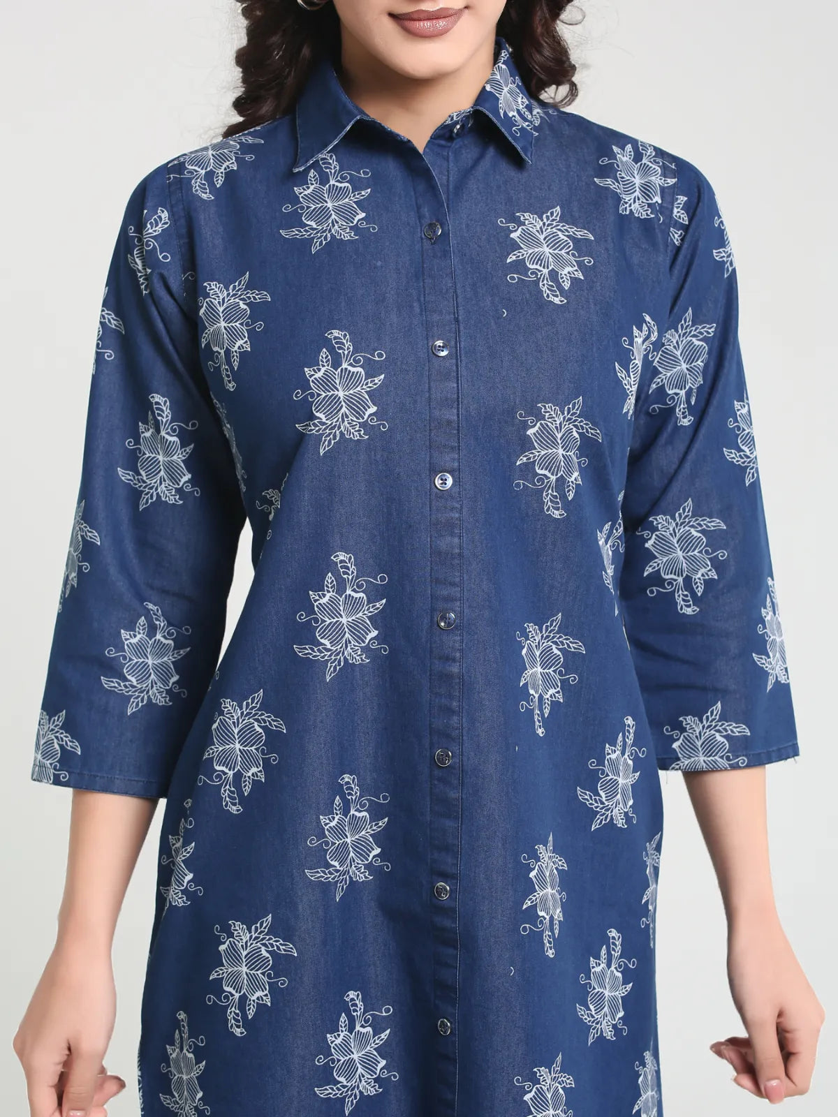 Denim Printed Shirt Collar One-piece Dress