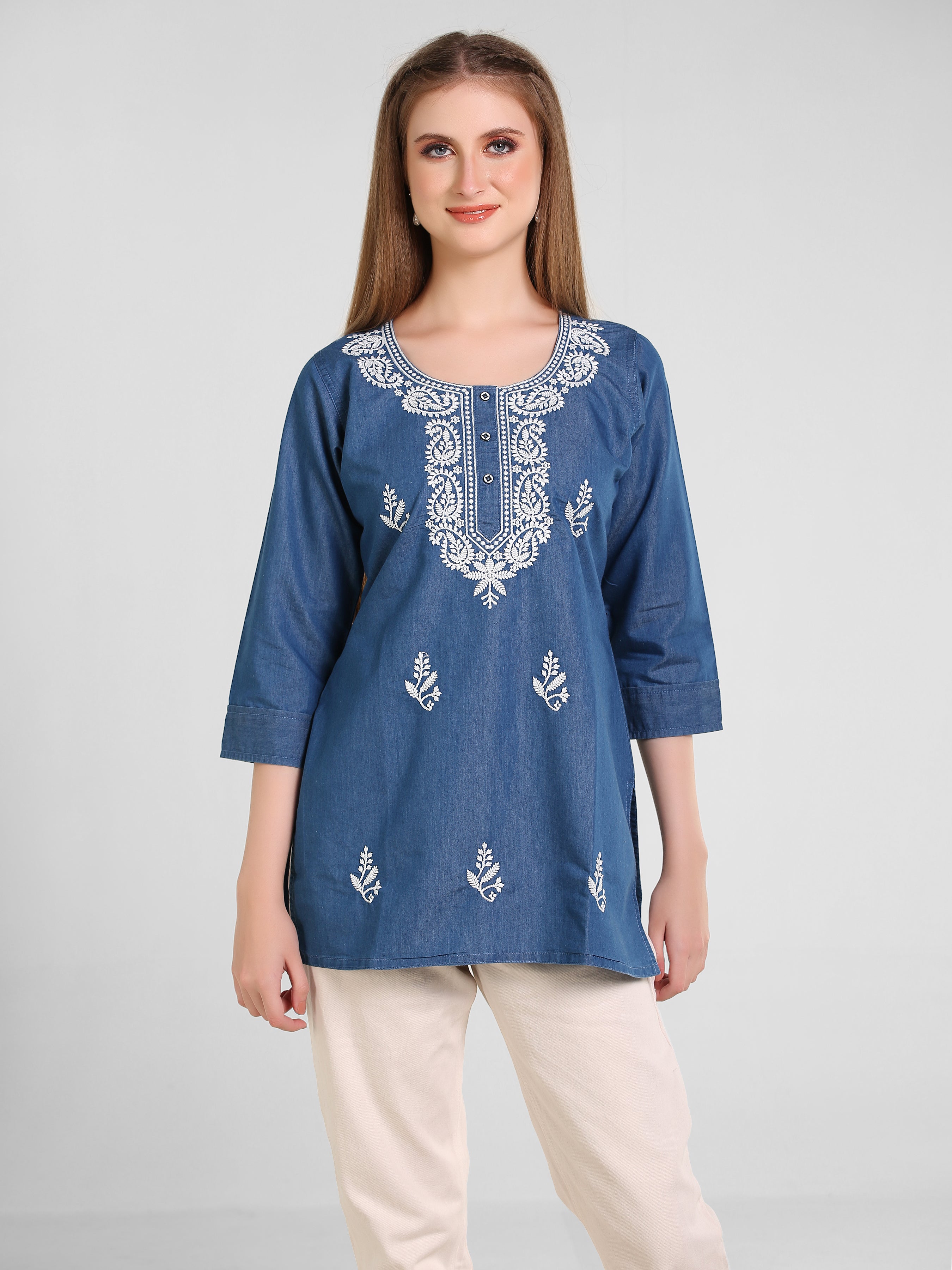 Denim Lucknowi Embroidred Kurti