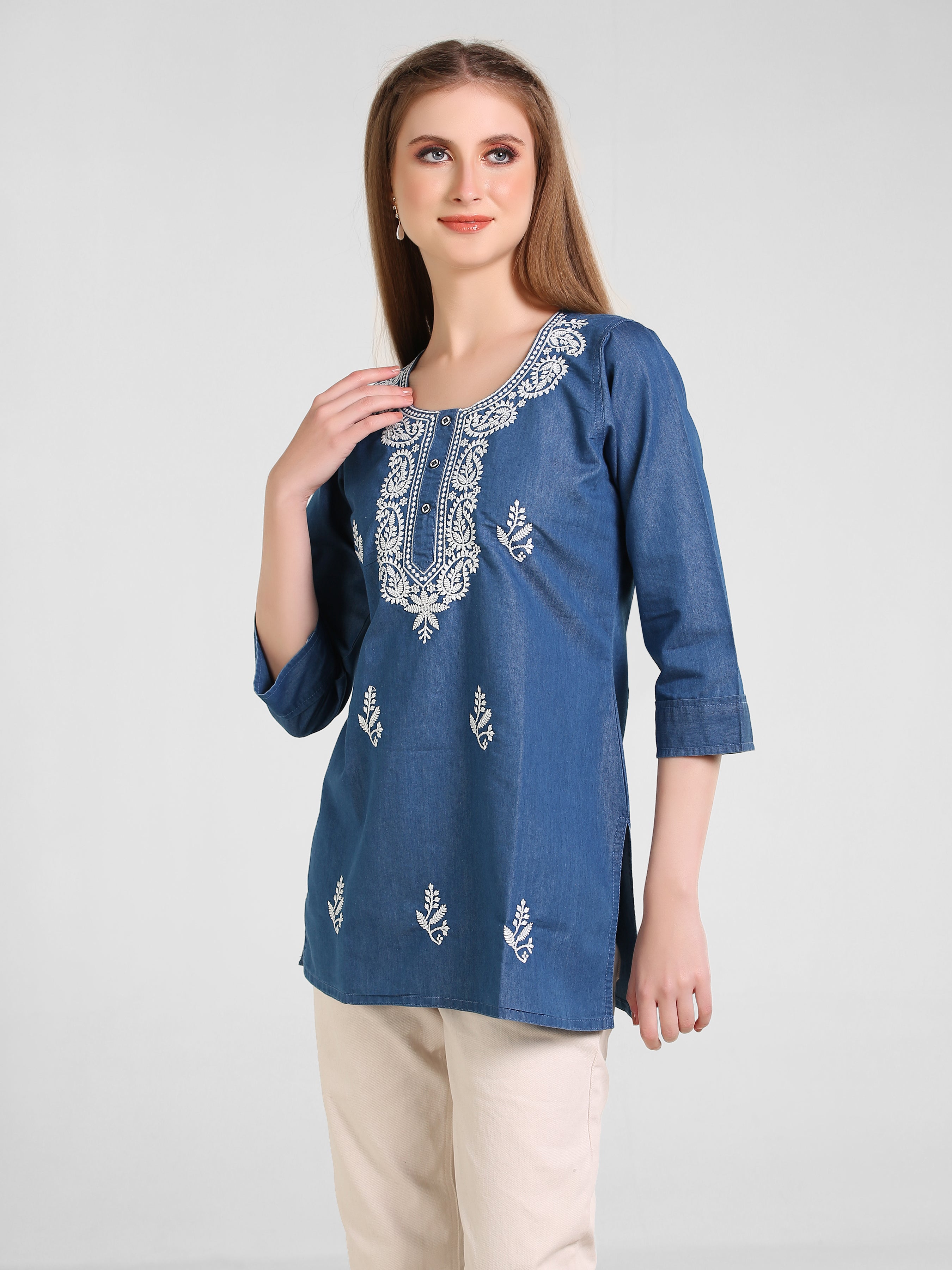 Denim Lucknowi Embroidred Kurti