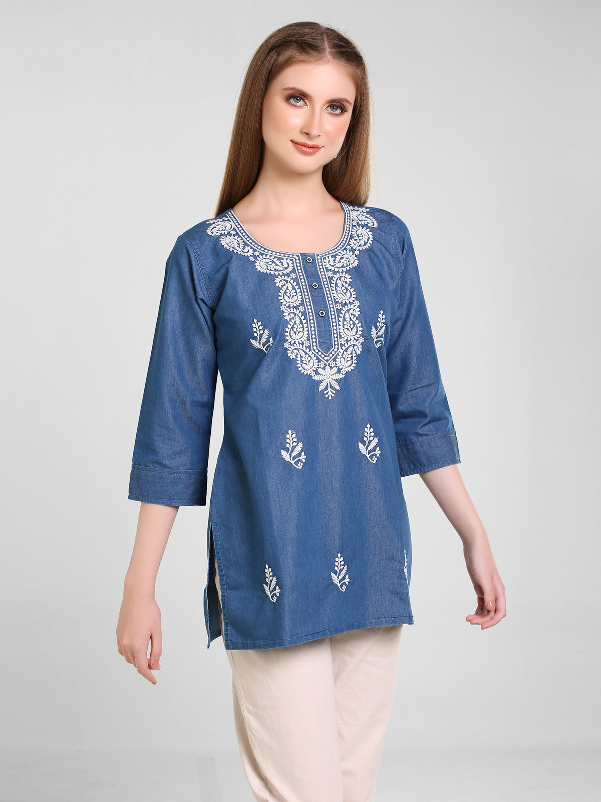 Denim Lucknowi Embroidred Kurti