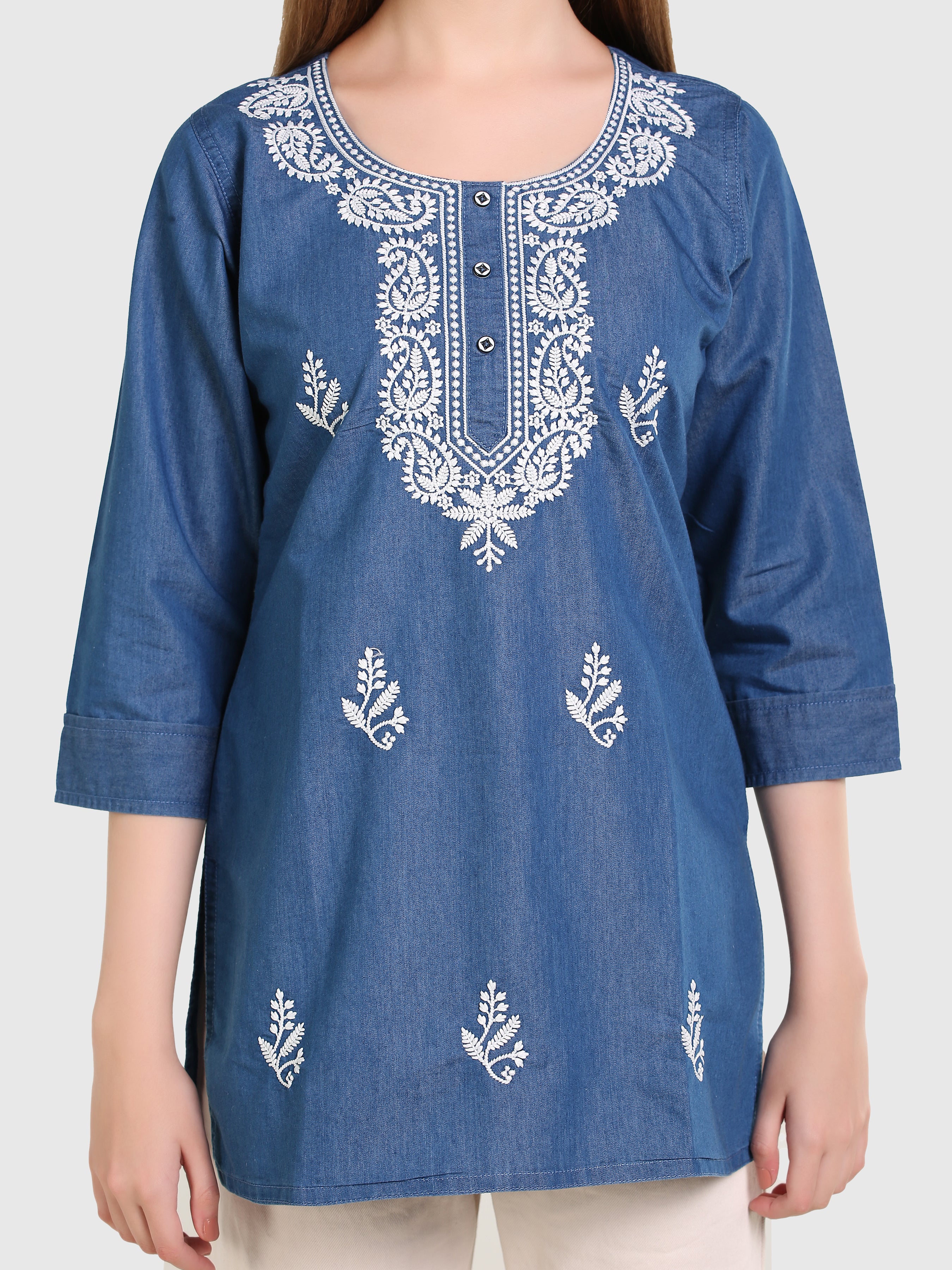 Denim Lucknowi Embroidred Kurti