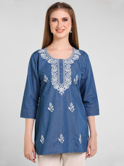 Denim Lucknowi Embroidred Kurti