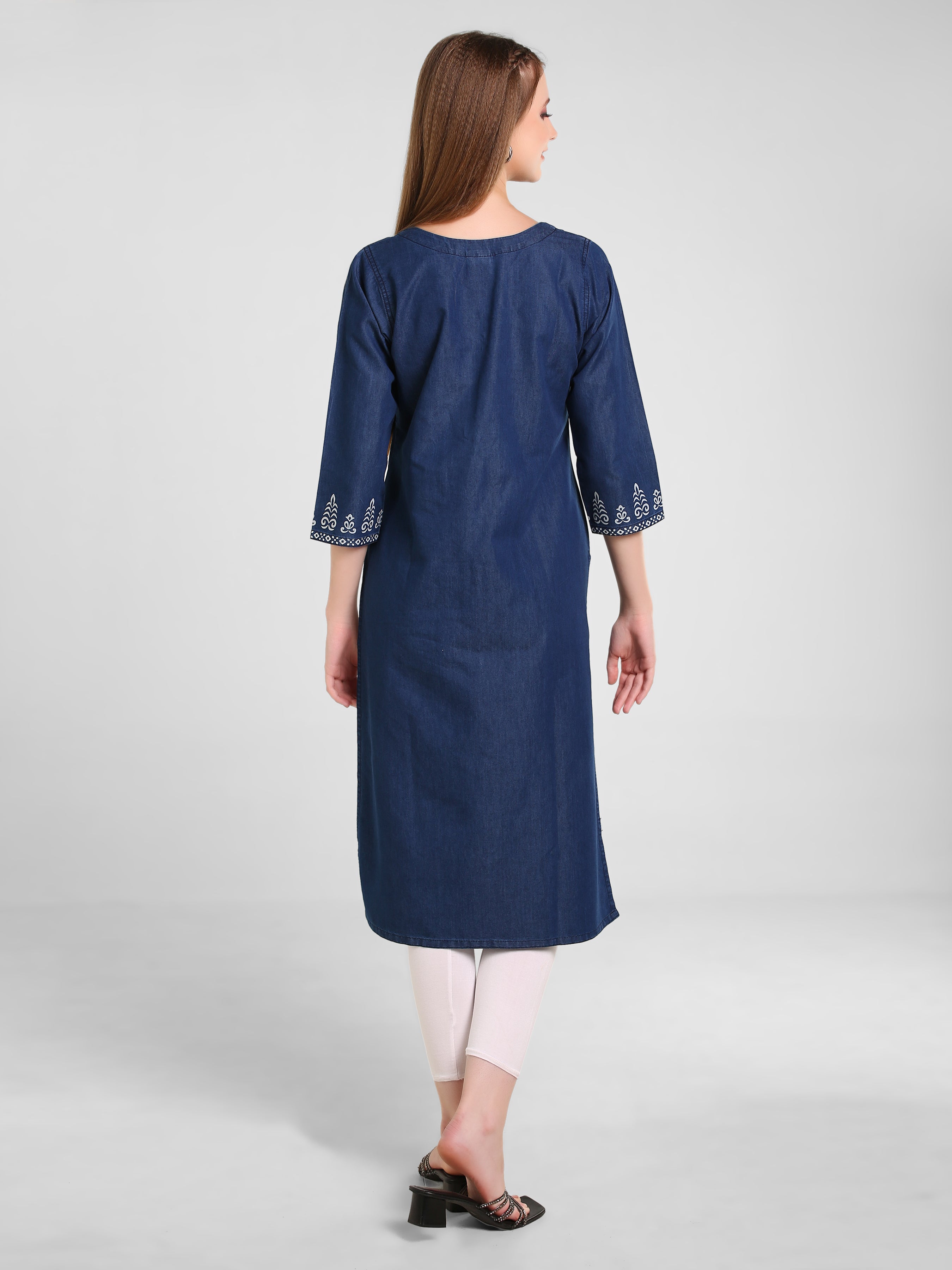 Denim Panel Printed V Neck Kurta