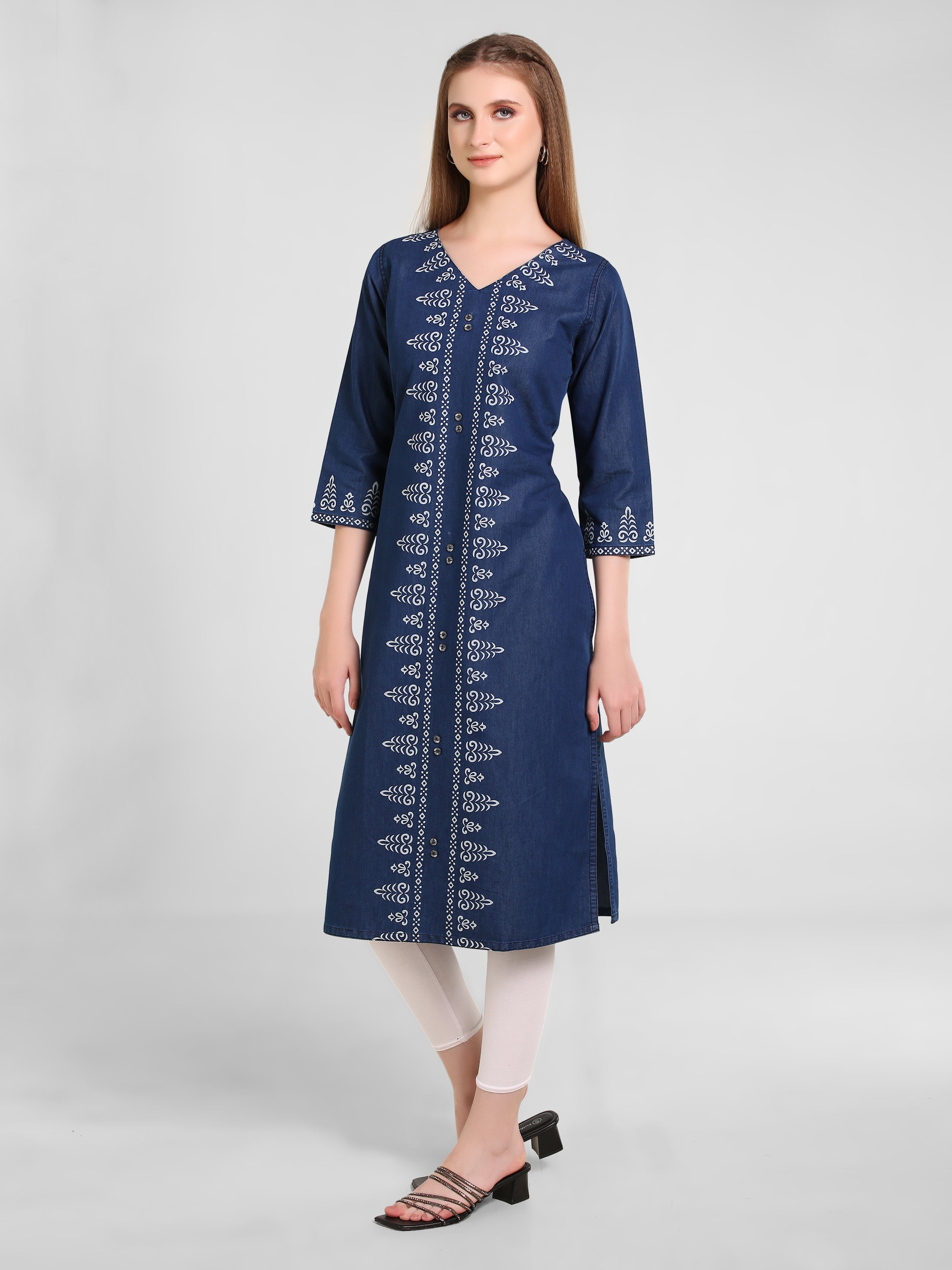 Denim Panel Printed V Neck Kurta