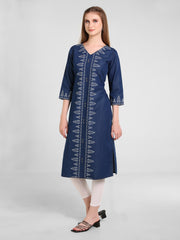 Denim Panel Printed V Neck Kurta