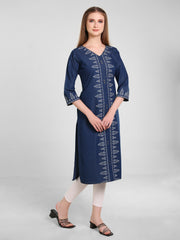 Denim Panel Printed V Neck Kurta