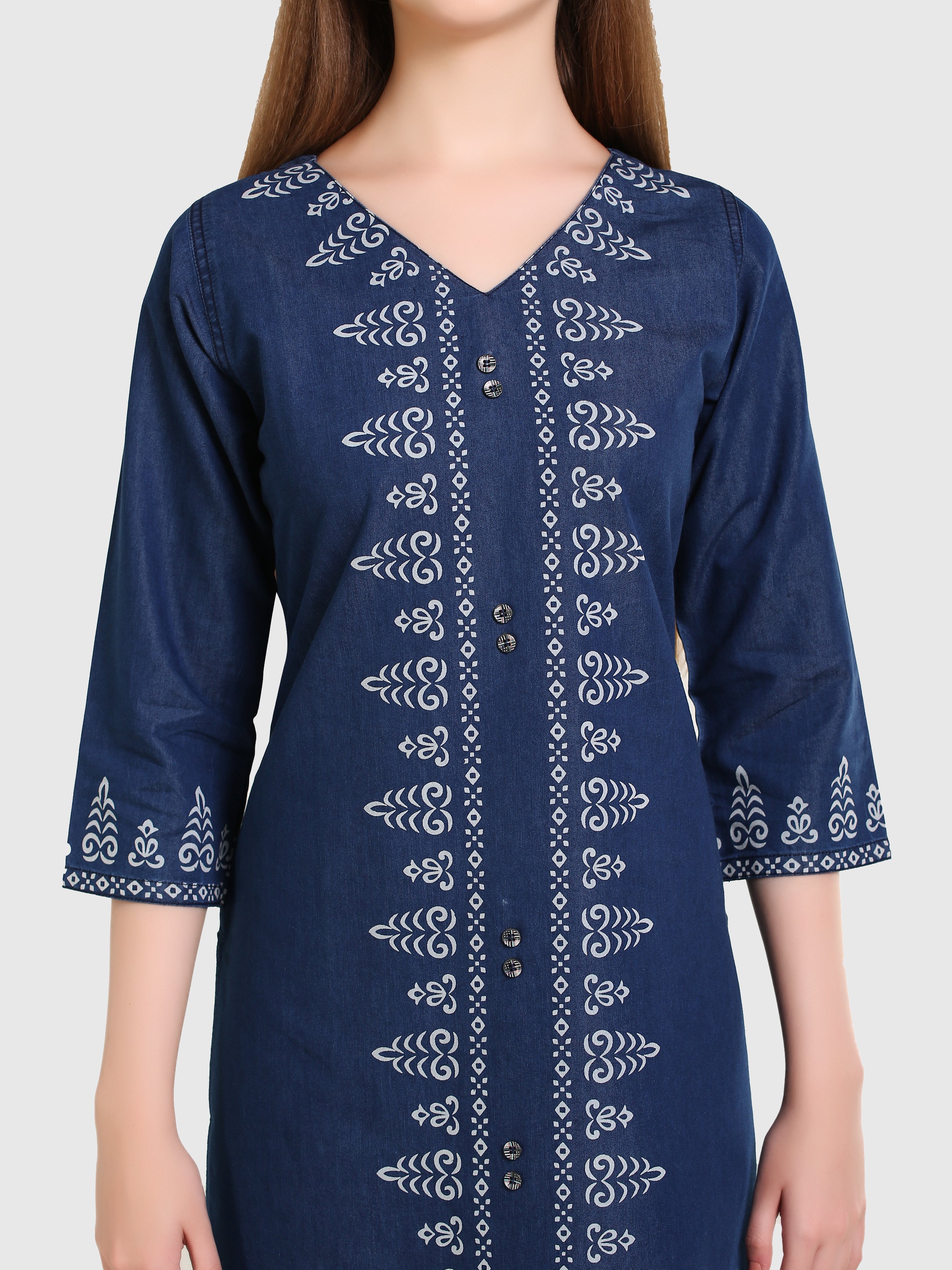 Denim Panel Printed V Neck Kurta