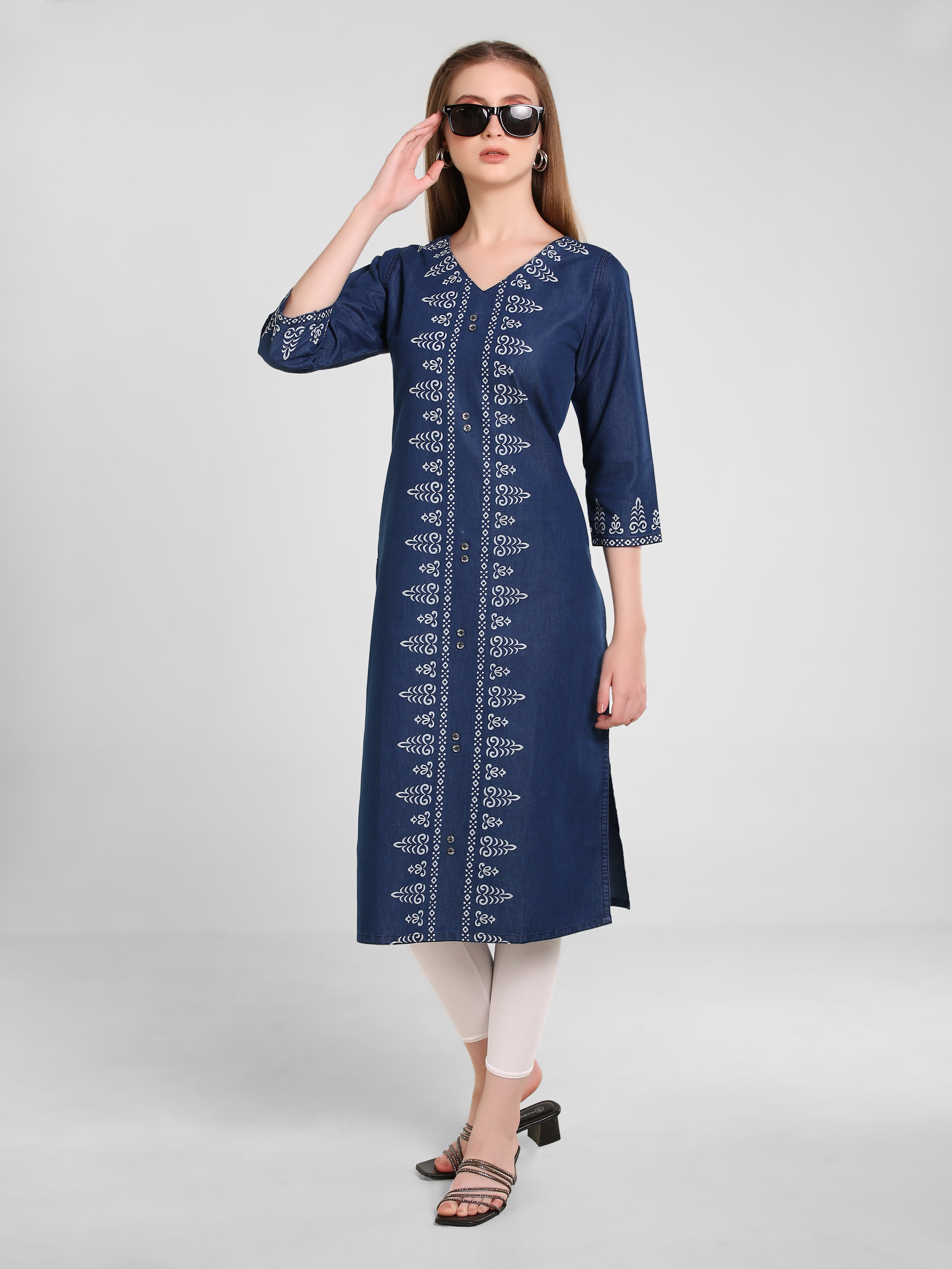 Denim Panel Printed V Neck Kurta