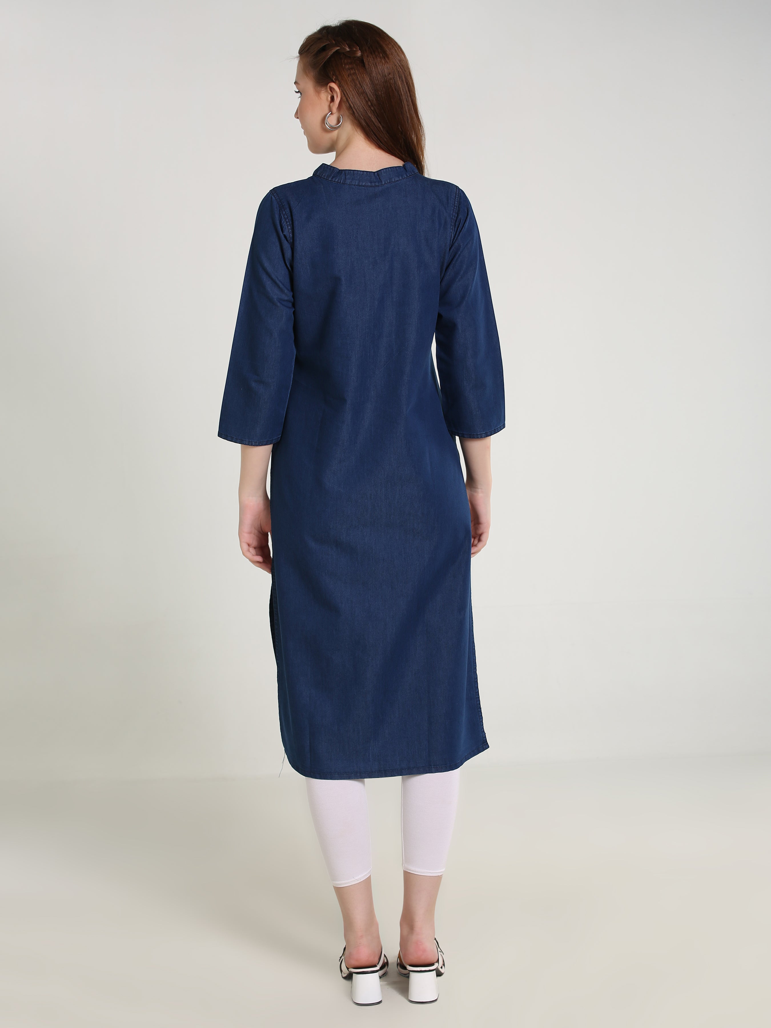 Denim Both Side Embroidered Branches Mandarin Collar Kurta
