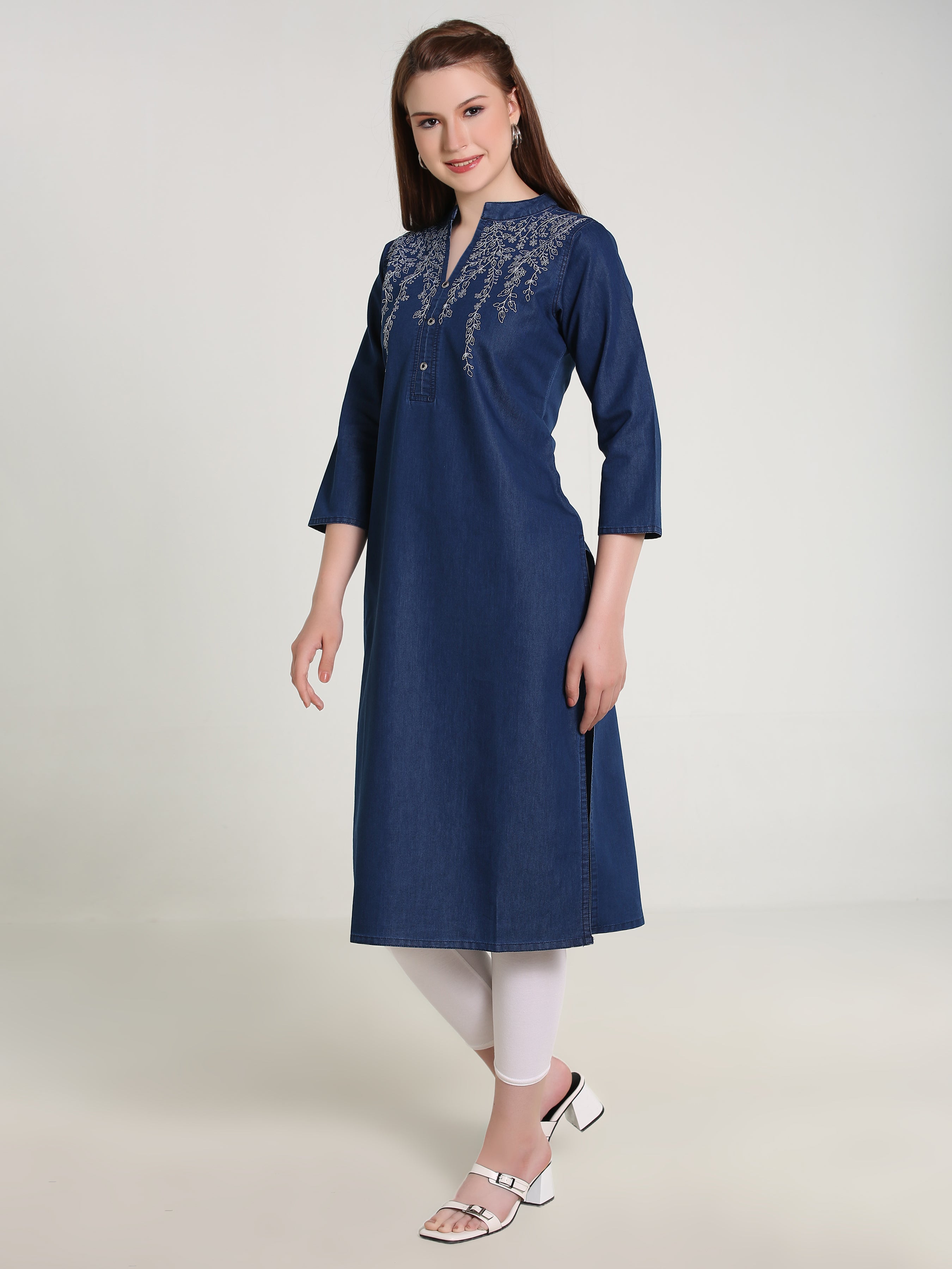 Denim Both Side Embroidered Branches Mandarin Collar Kurta