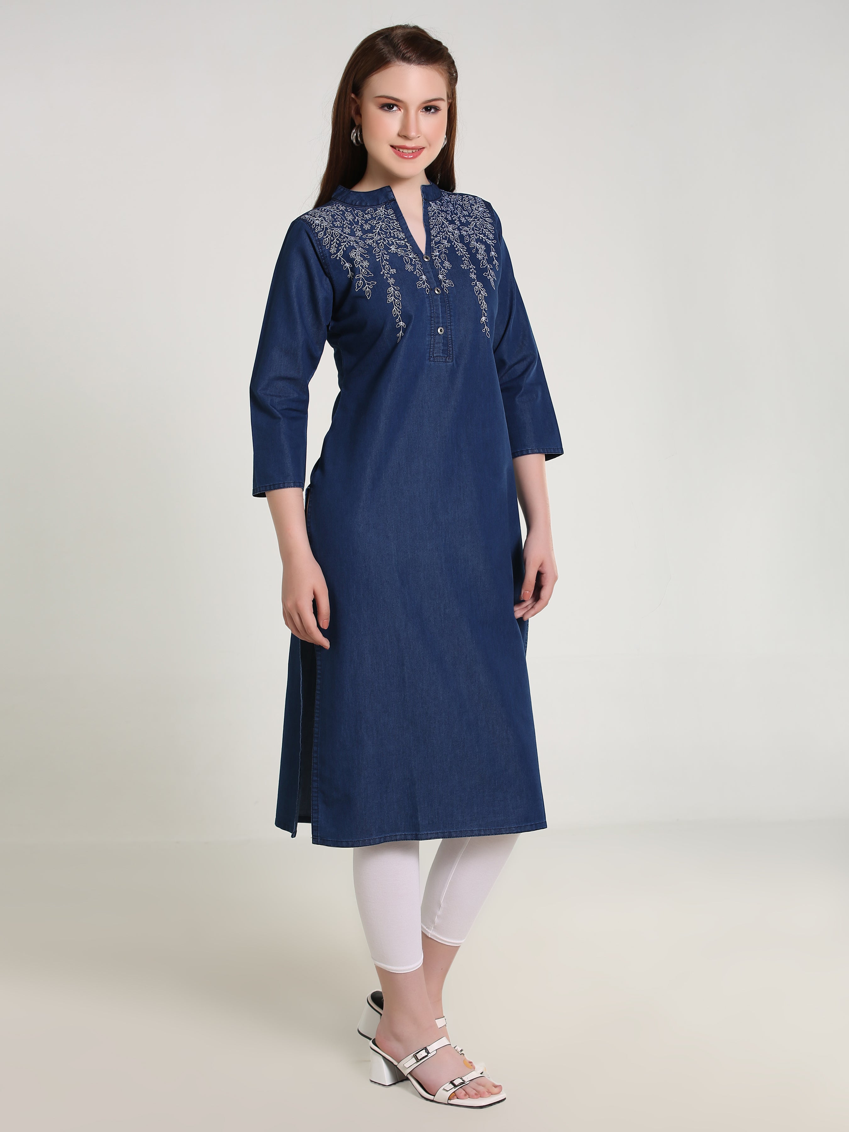 Denim Both Side Embroidered Branches Mandarin Collar Kurta