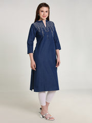 Denim Both Side Embroidered Branches Mandarin Collar Kurta