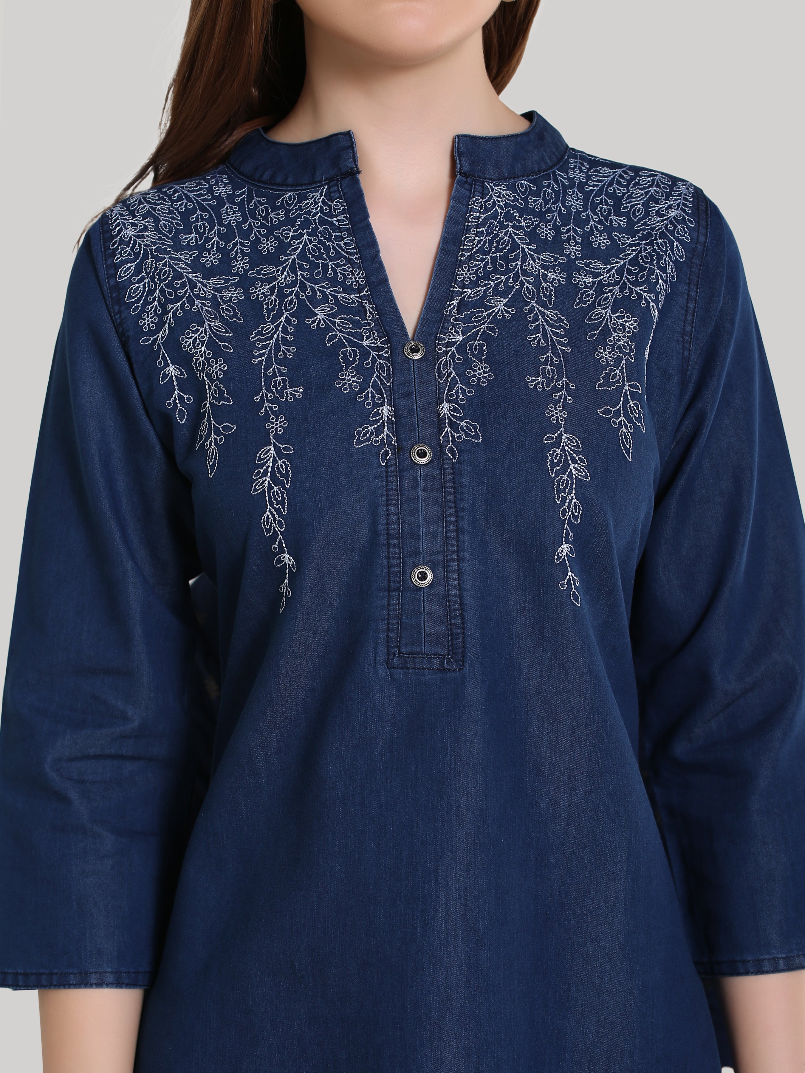Denim Both Side Embroidered Branches Mandarin Collar Kurta