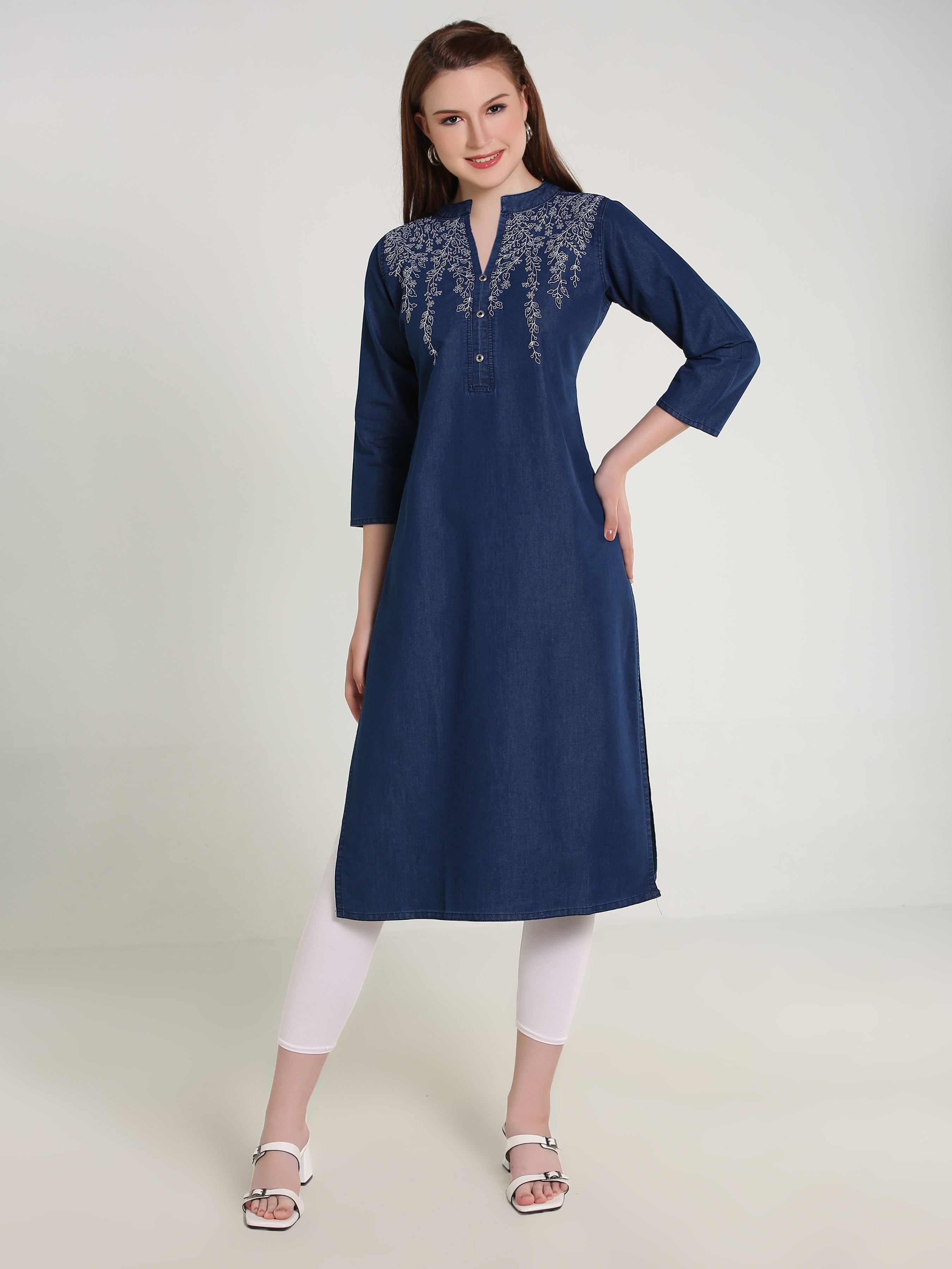 Denim Both Side Embroidered Branches Mandarin Collar Kurta