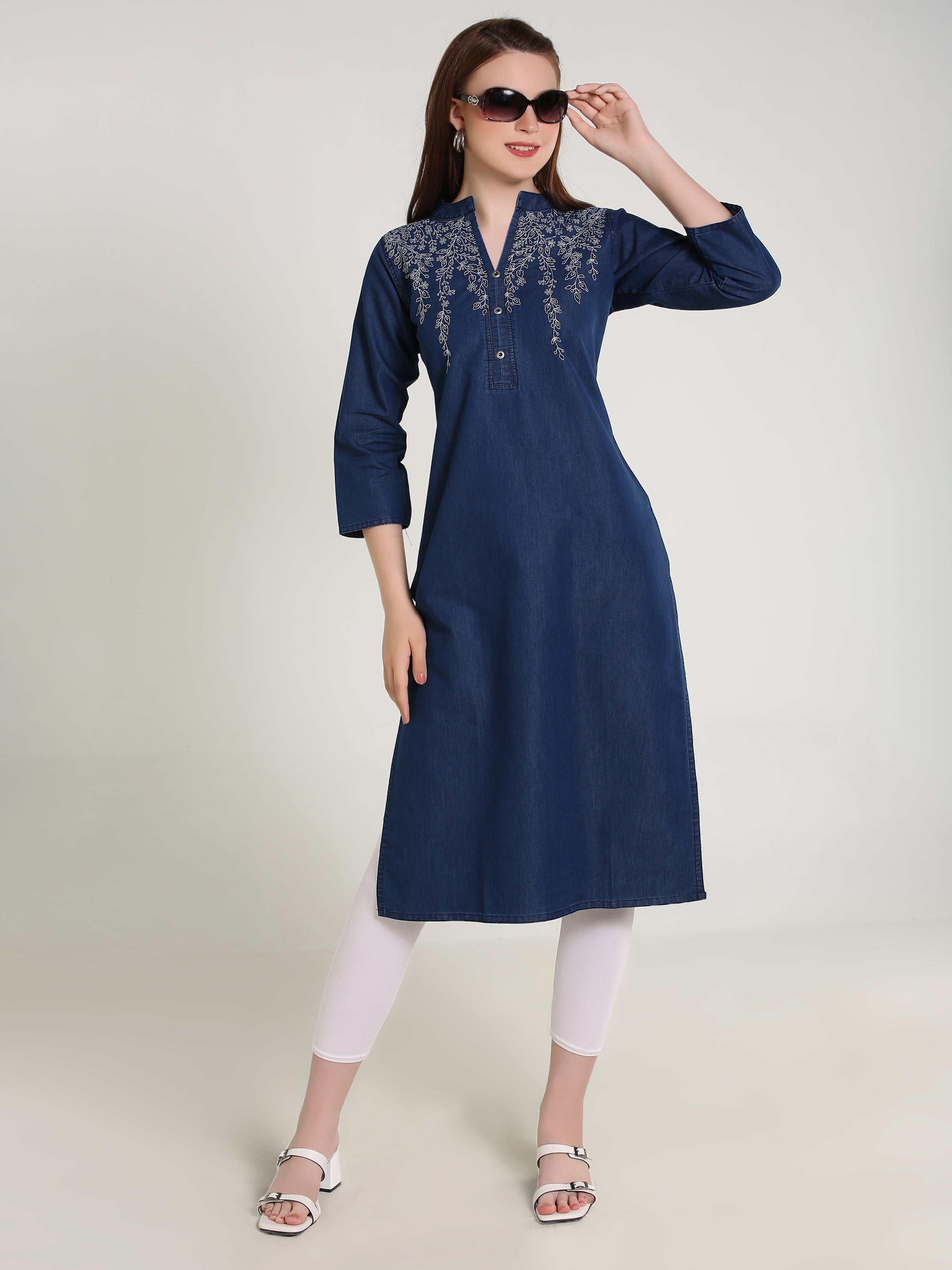 Denim Both Side Embroidered Branches Mandarin Collar Kurta