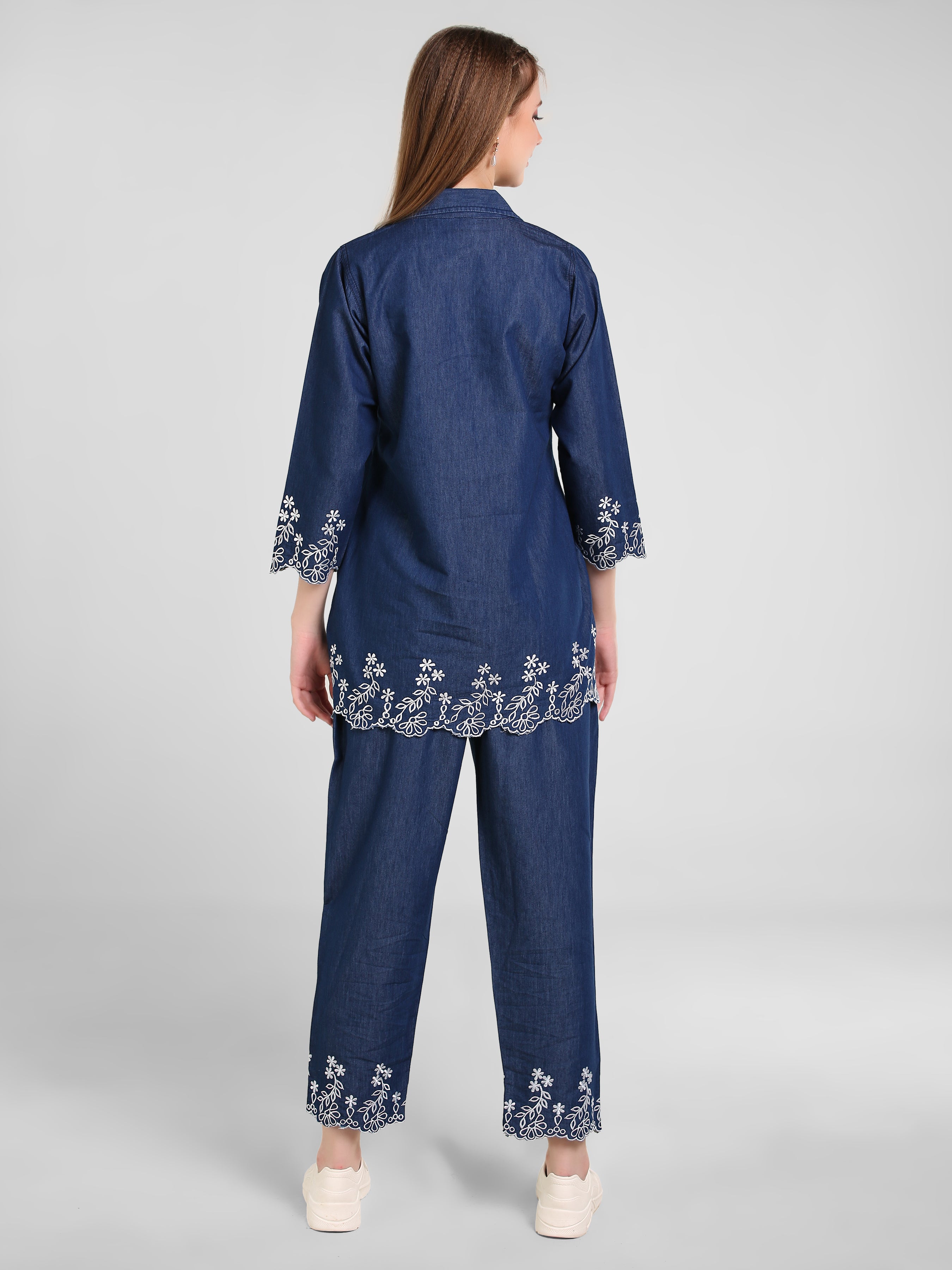 Denim Embroidered Cut work Co-ord Set
