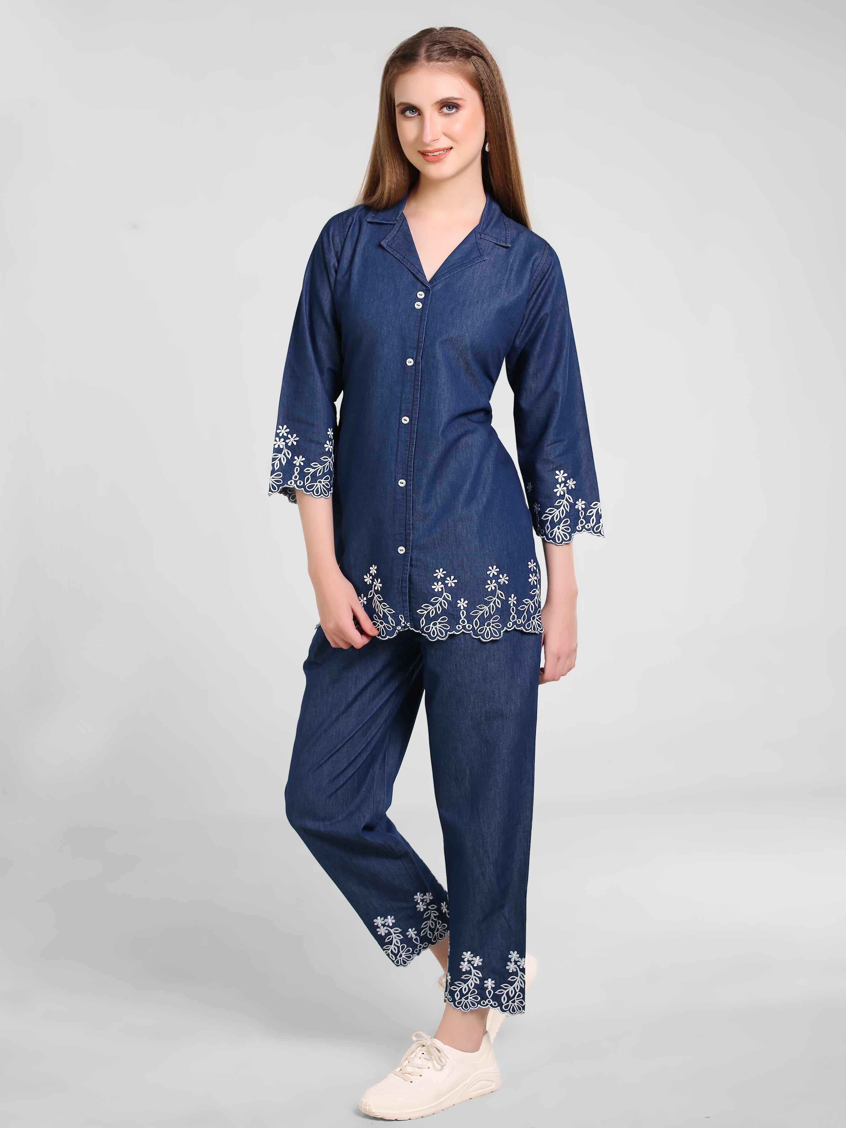 Denim Embroidered Cut work Co-ord Set