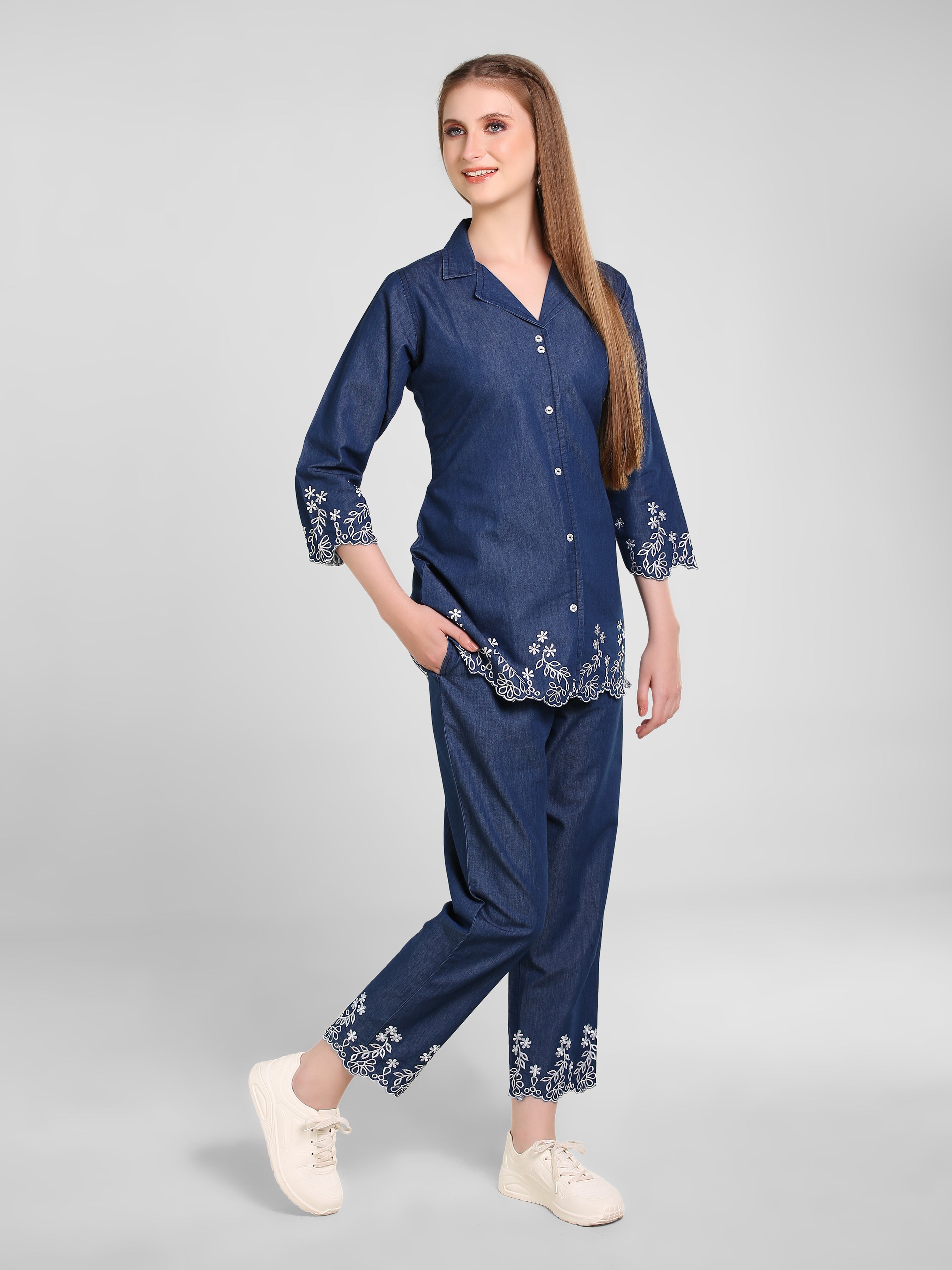 Denim Embroidered Cut work Co-ord Set