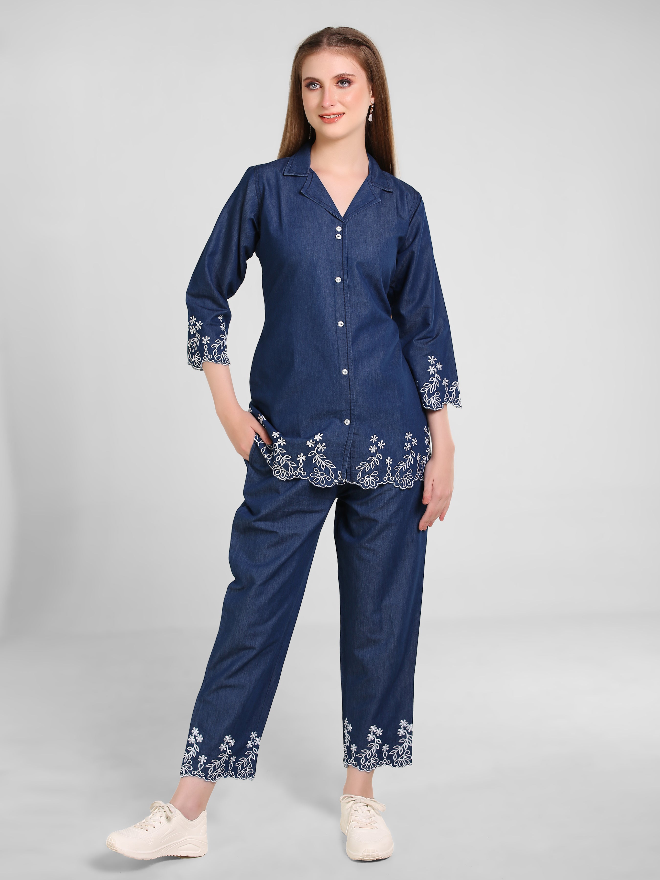 Denim Embroidered Cut work Co-ord Set