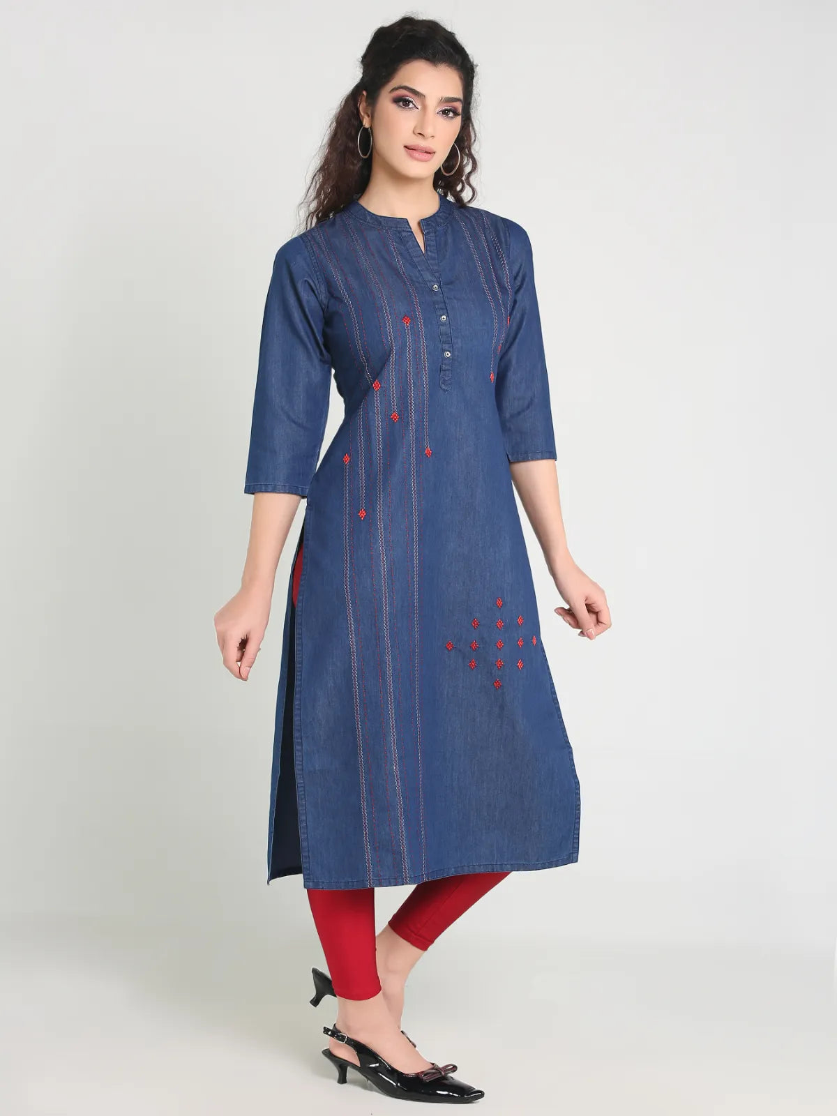 Denim Red Embroidered Kurta