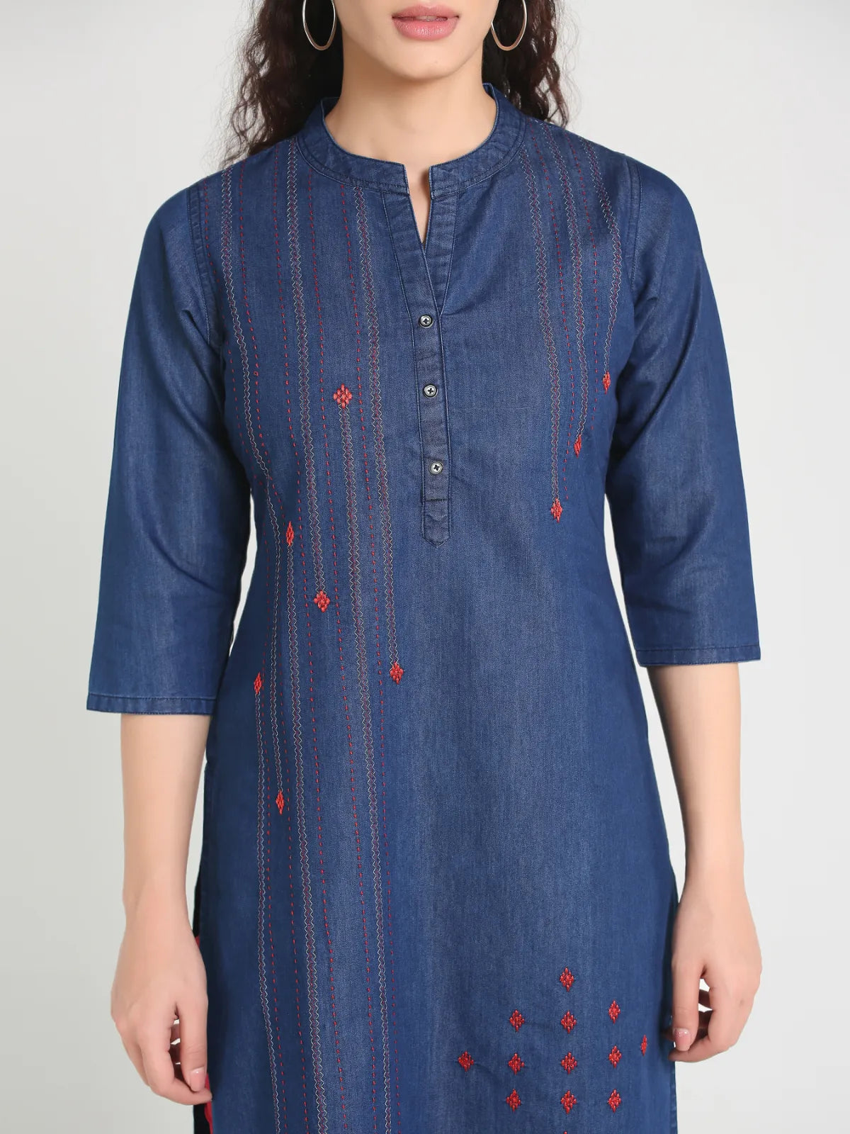 Denim Red Embroidered Kurta