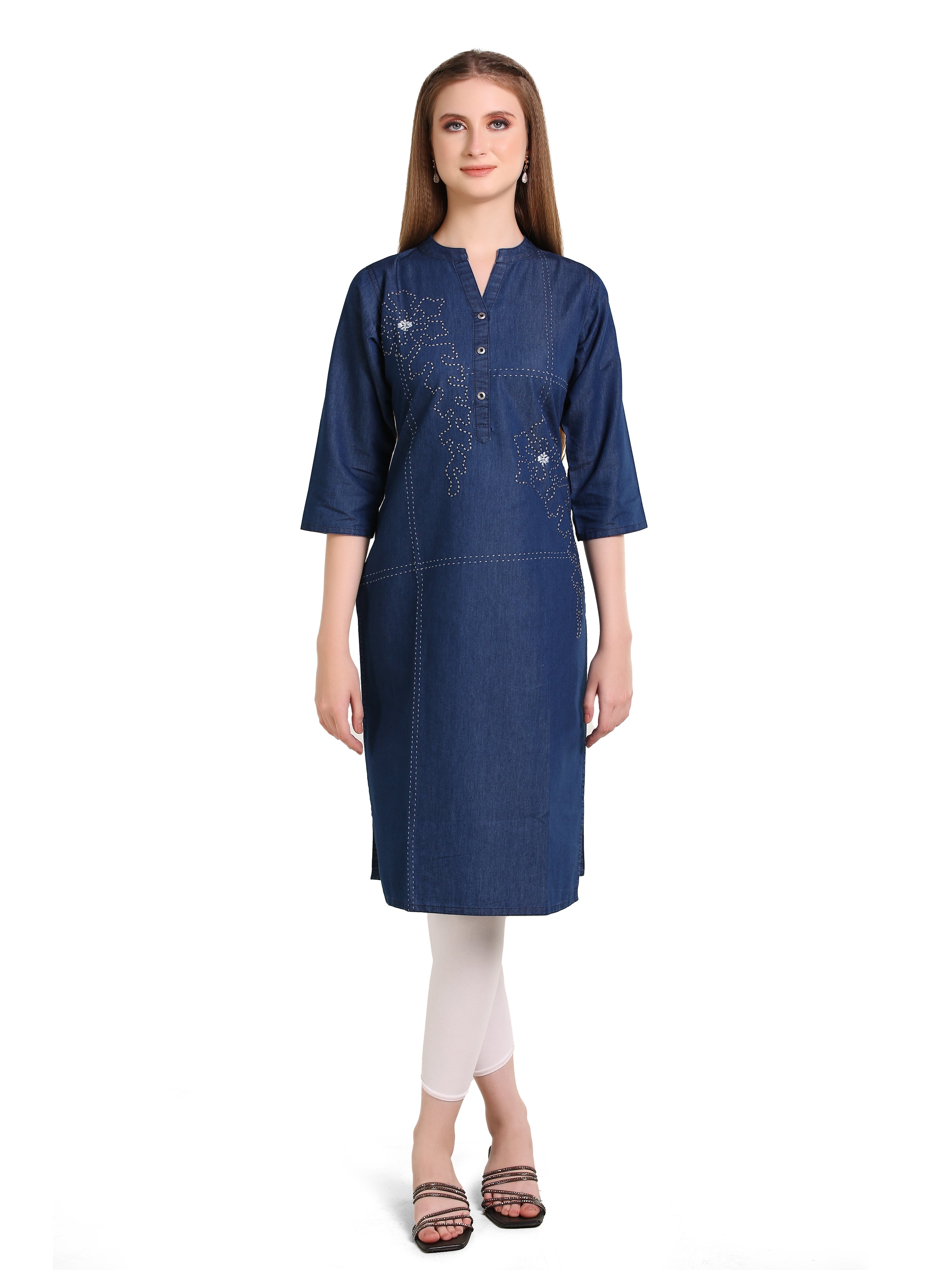 Denim Flwr Khata wrk Embroidered Mandarine Collar Kurta