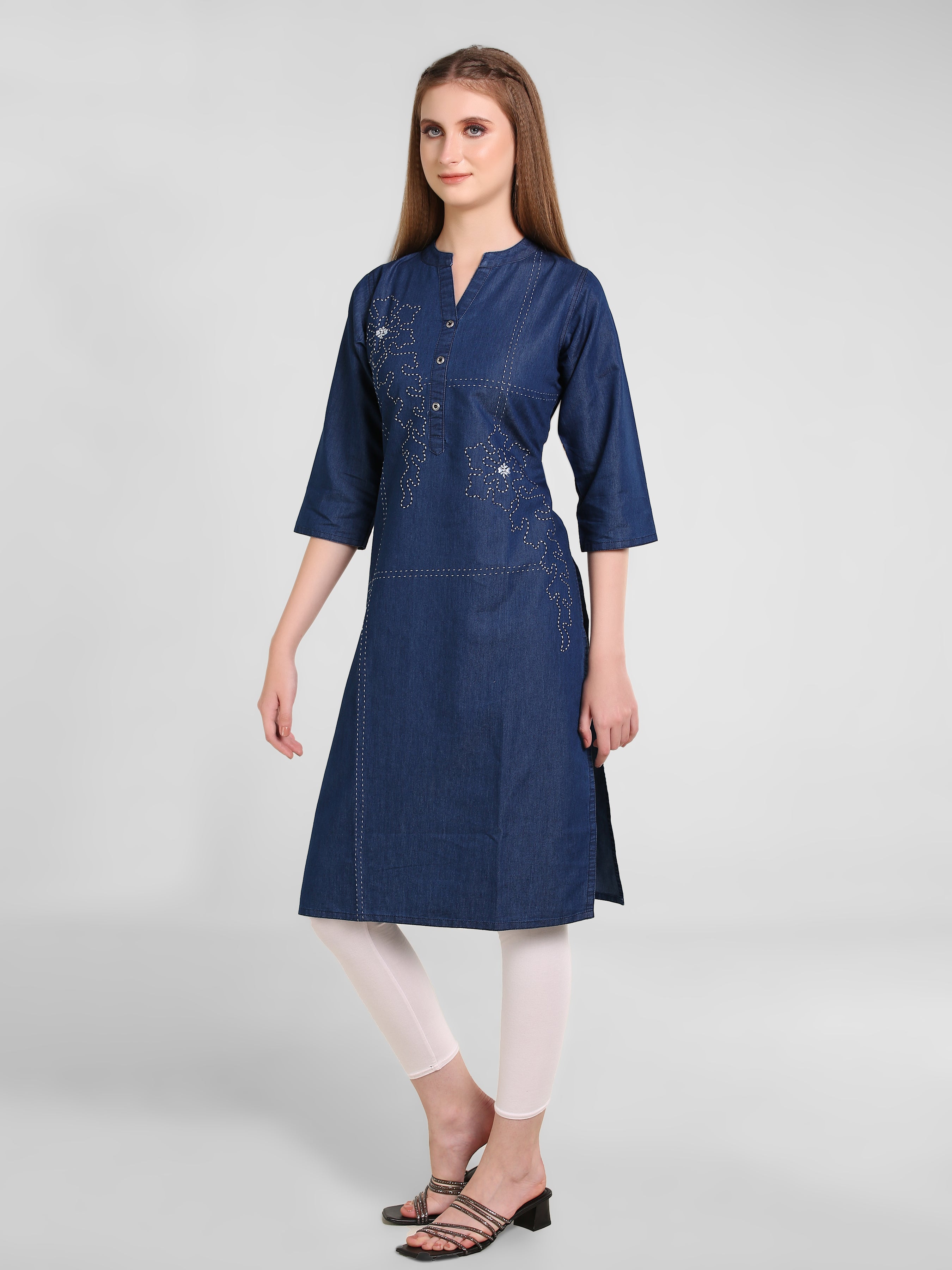 Denim Flwr Khata wrk Embroidered Mandarine Collar Kurta