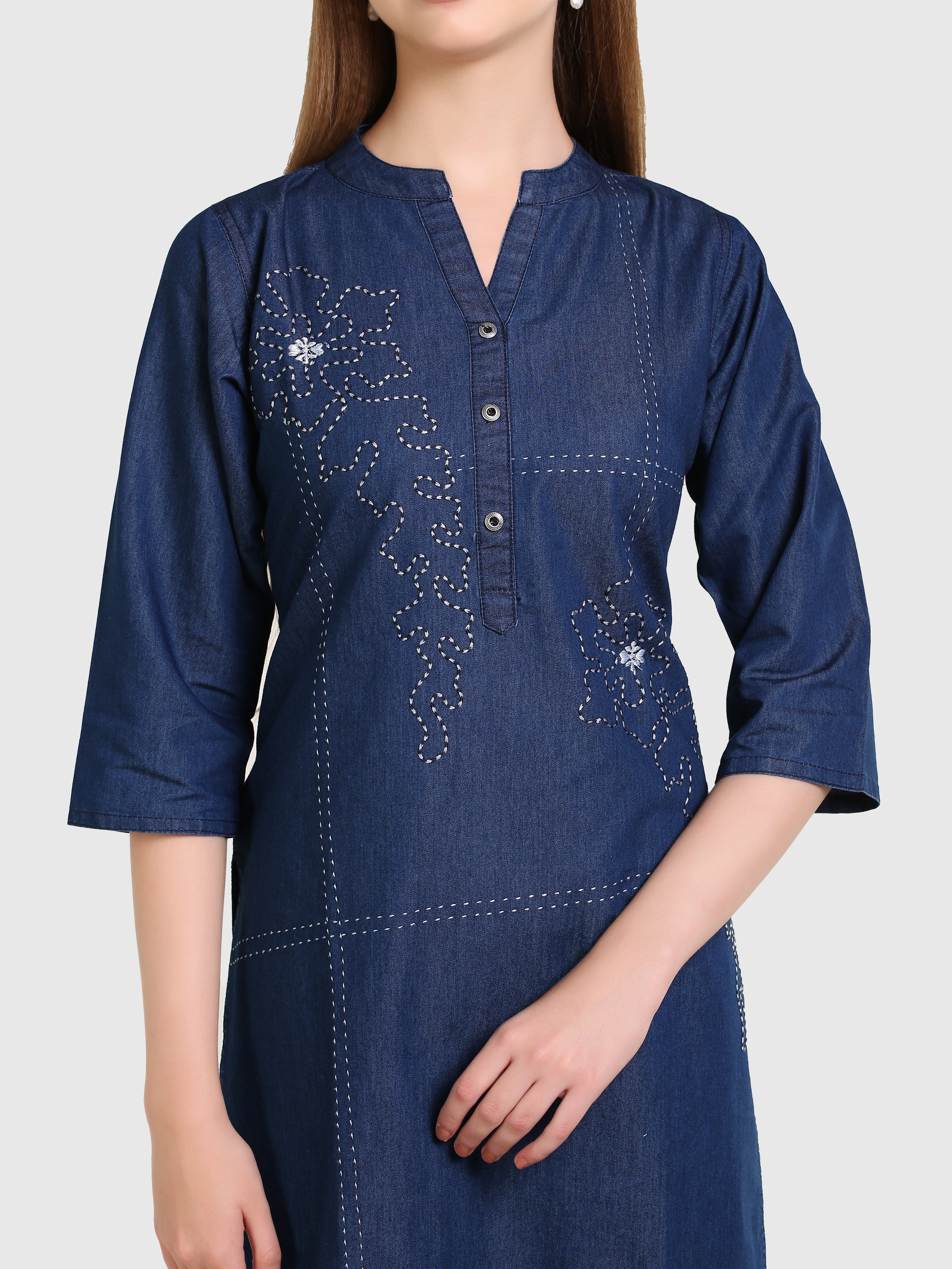 Denim Flwr Khata wrk Embroidered Mandarine Collar Kurta