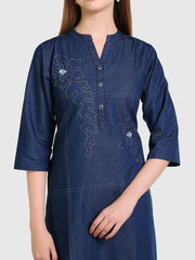Denim Flwr Khata wrk Embroidered Mandarine Collar Kurta