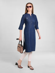 Denim Flwr Khata wrk Embroidered Mandarine Collar Kurta