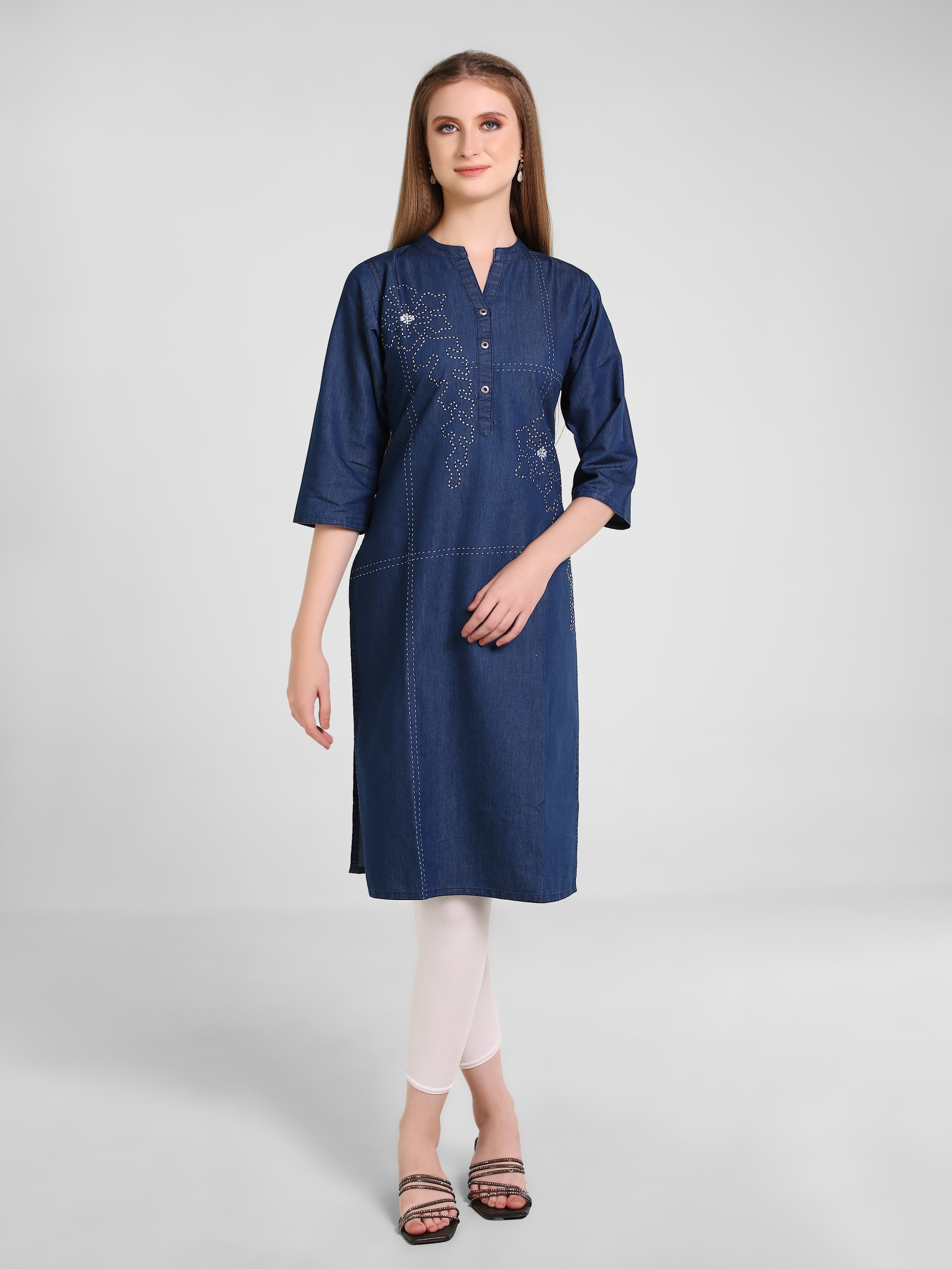 Denim Flwr Khata wrk Embroidered Mandarine Collar Kurta