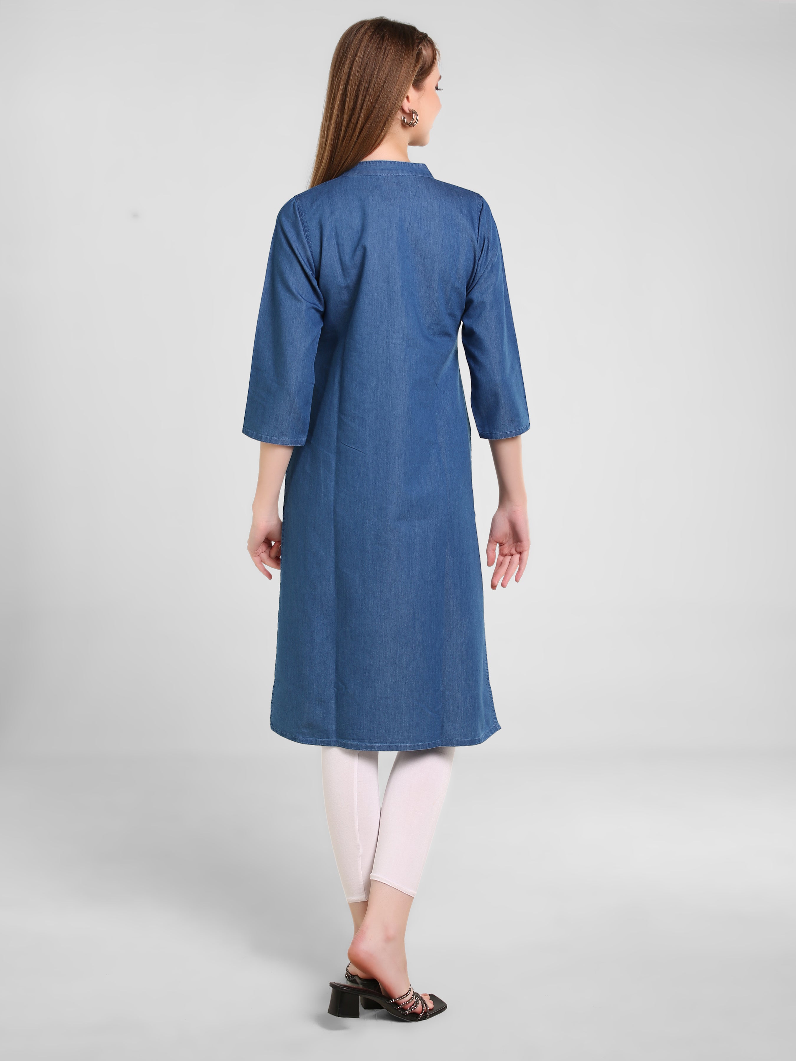 Denim Flower Khata Work Embroidered Mandarin Collar Kurta