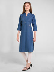Denim Flower Khata Work Embroidered Mandarin Collar Kurta