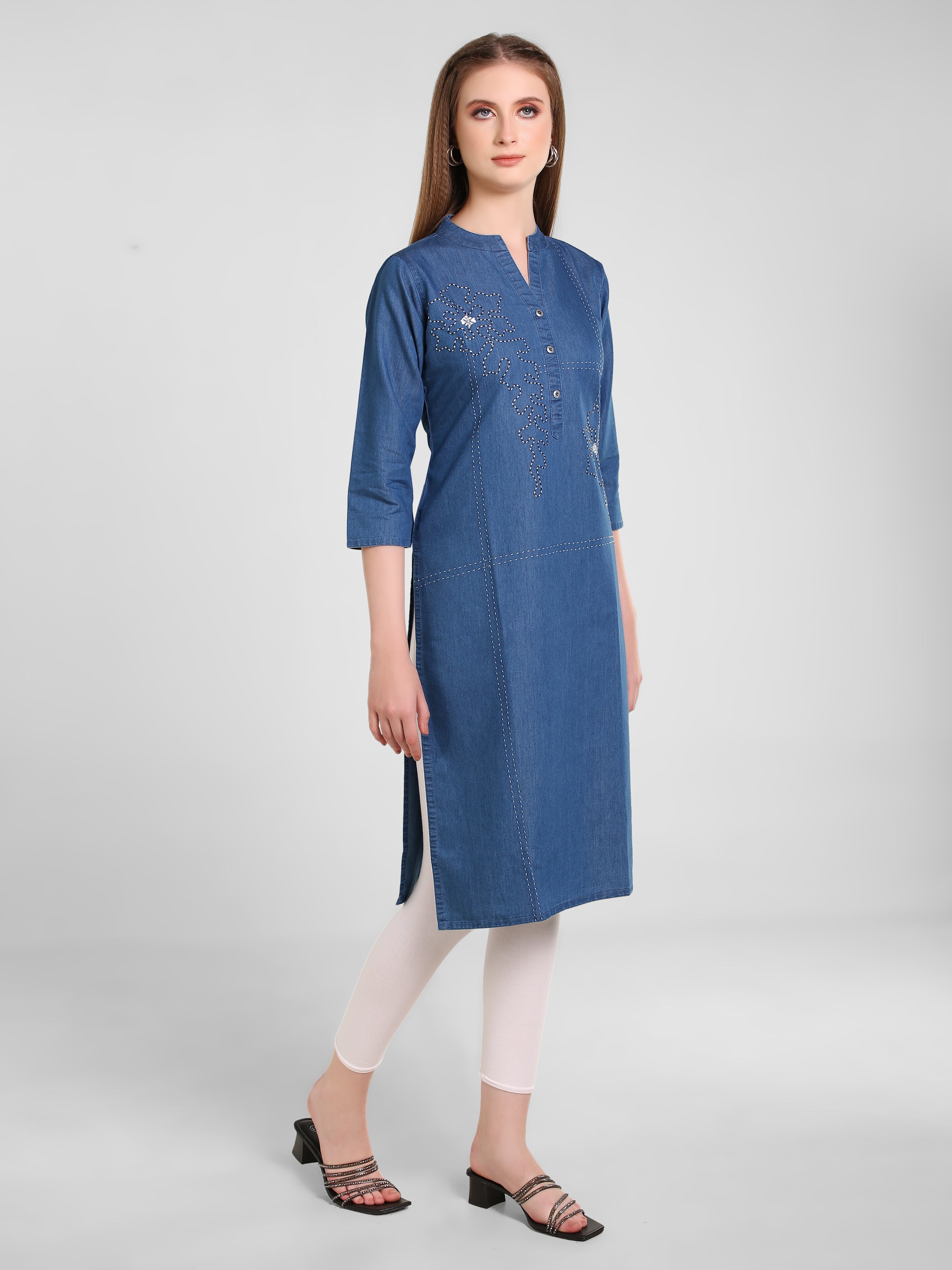 Denim Flower Khata Work Embroidered Mandarin Collar Kurta