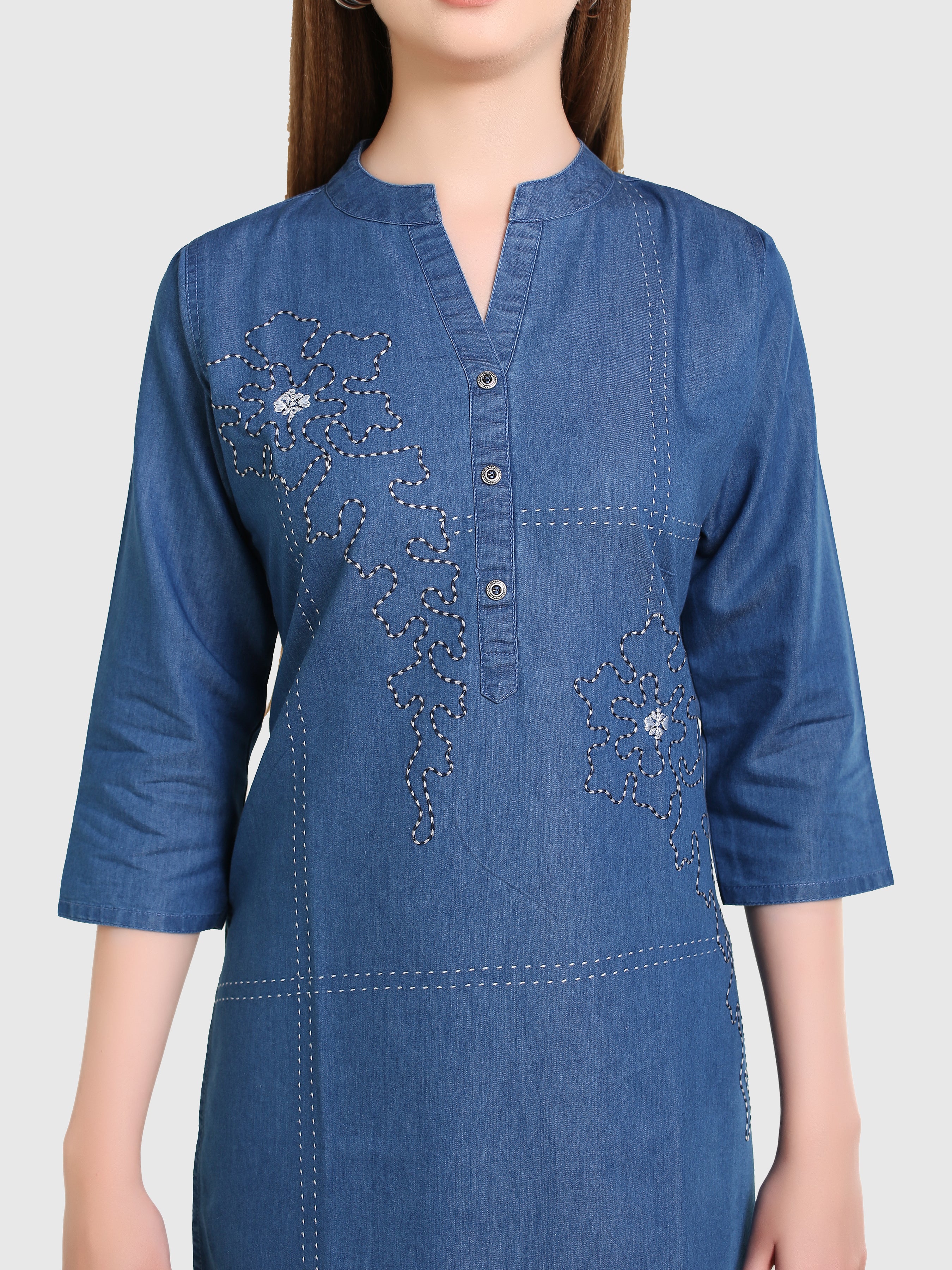 Denim Flower Khata Work Embroidered Mandarin Collar Kurta