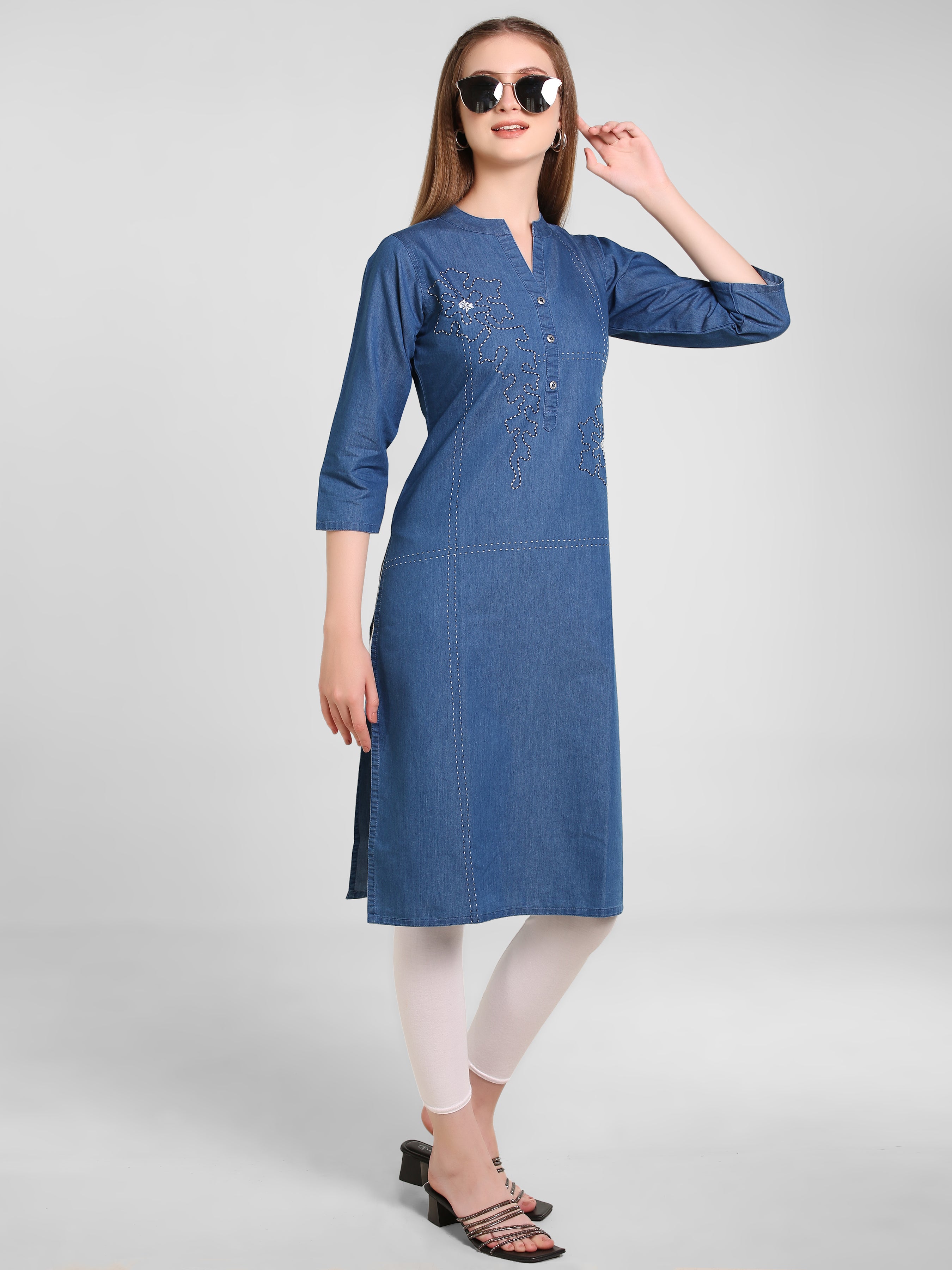 Denim Flower Khata Work Embroidered Mandarin Collar Kurta