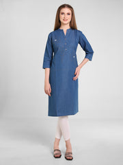 Denim Flower Khata Work Embroidered Mandarin Collar Kurta