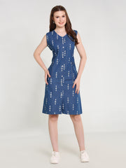 Denim Arrow Printed Sleeveless Both Side Pocket V Neck One Piece
