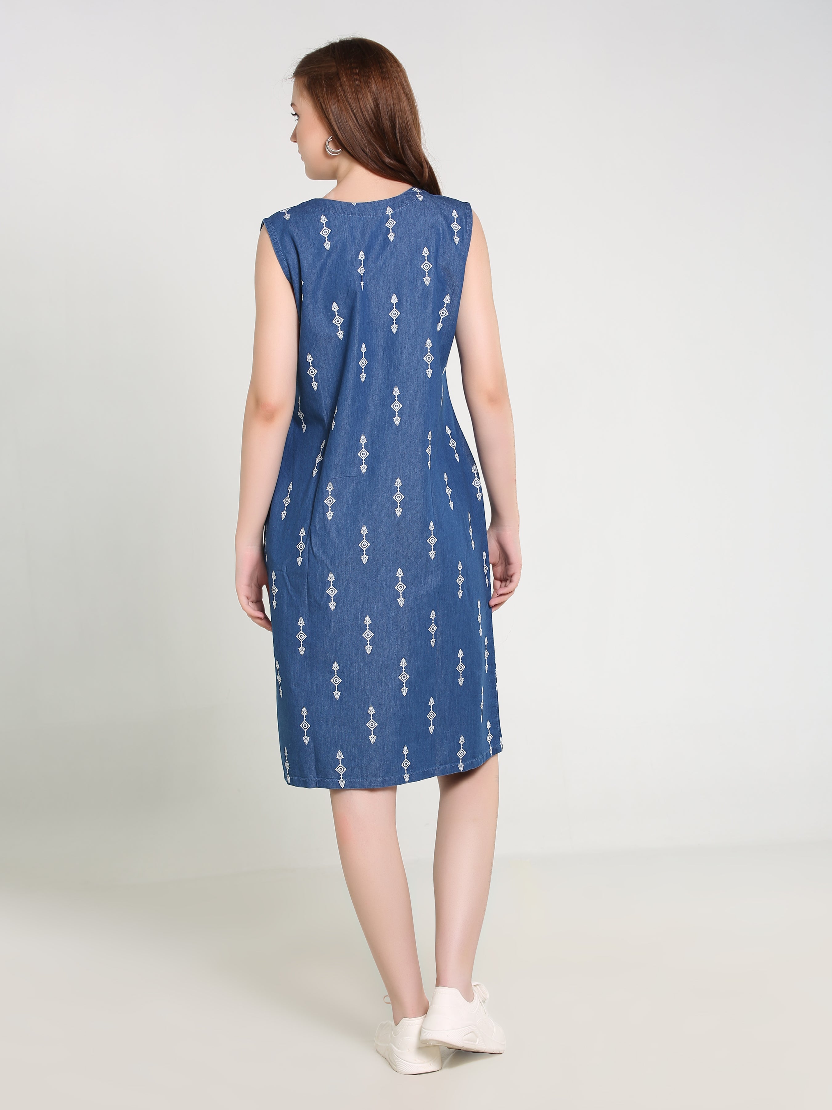 Denim Arrow Printed Sleeveless Both Side Pocket V Neck One Piece