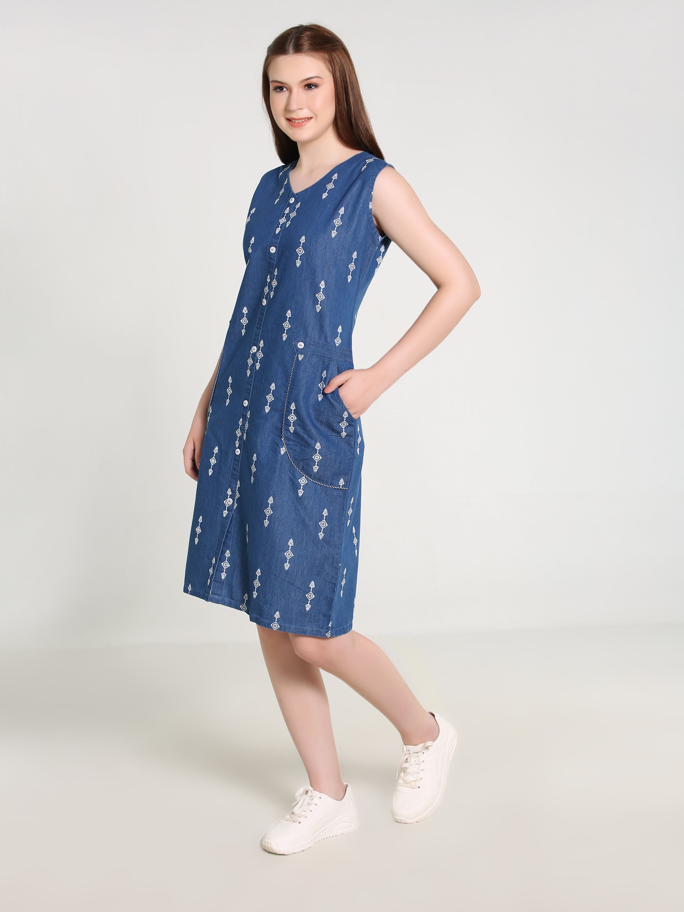 Denim Arrow Printed Sleeveless Both Side Pocket V Neck One Piece