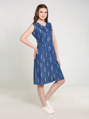 Denim Arrow Printed Sleeveless Both Side Pocket V Neck One Piece