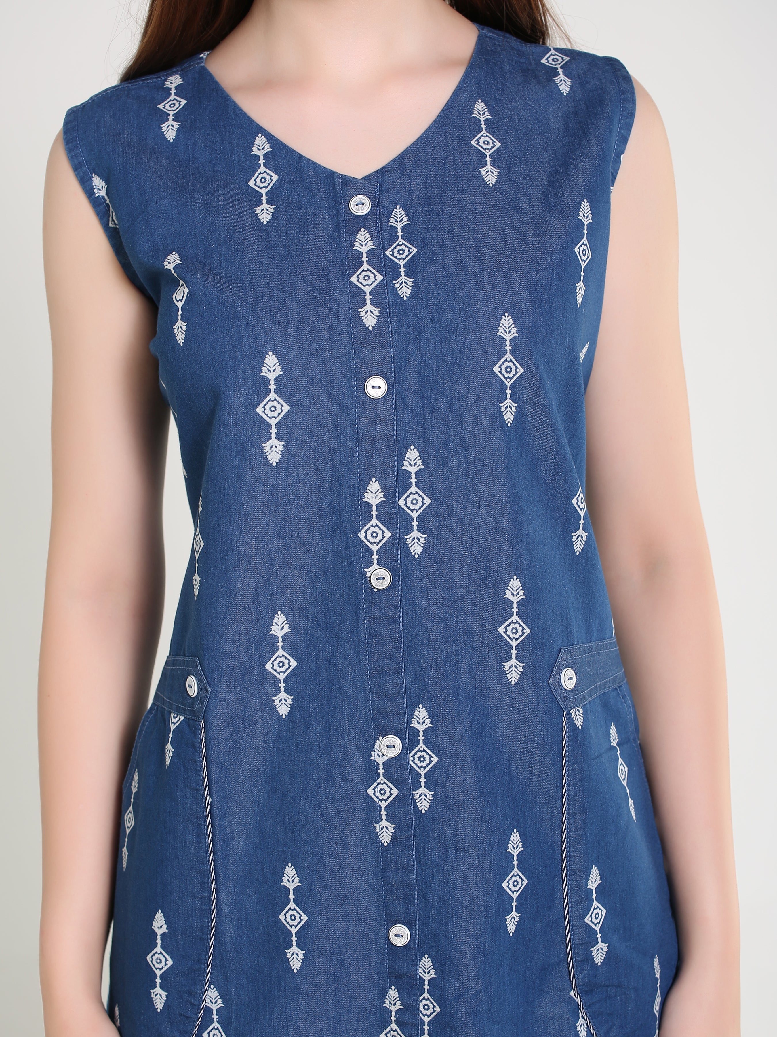 Denim Arrow Printed Sleeveless Both Side Pocket V Neck One Piece