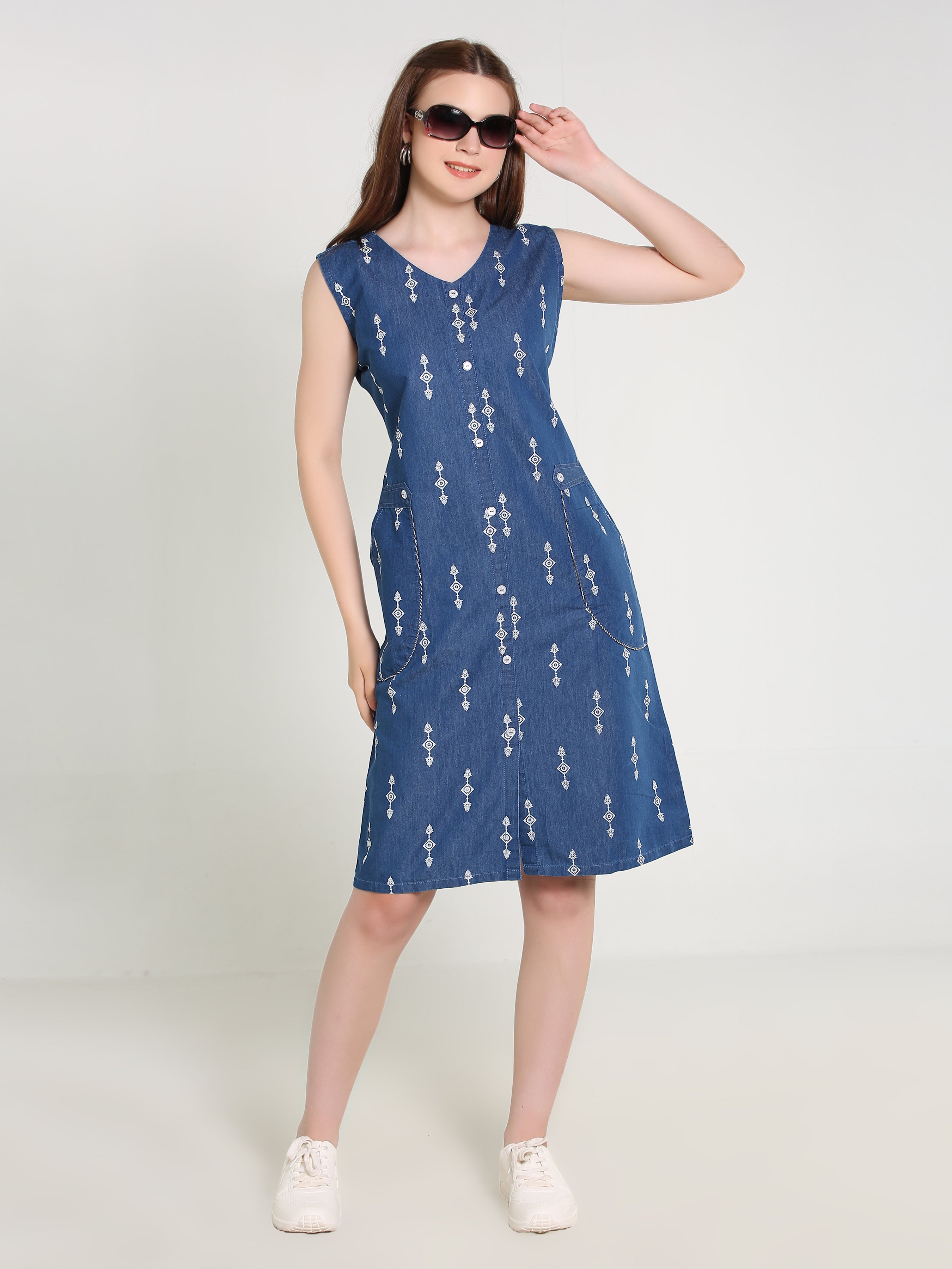 Denim Arrow Printed Sleeveless Both Side Pocket V Neck One Piece