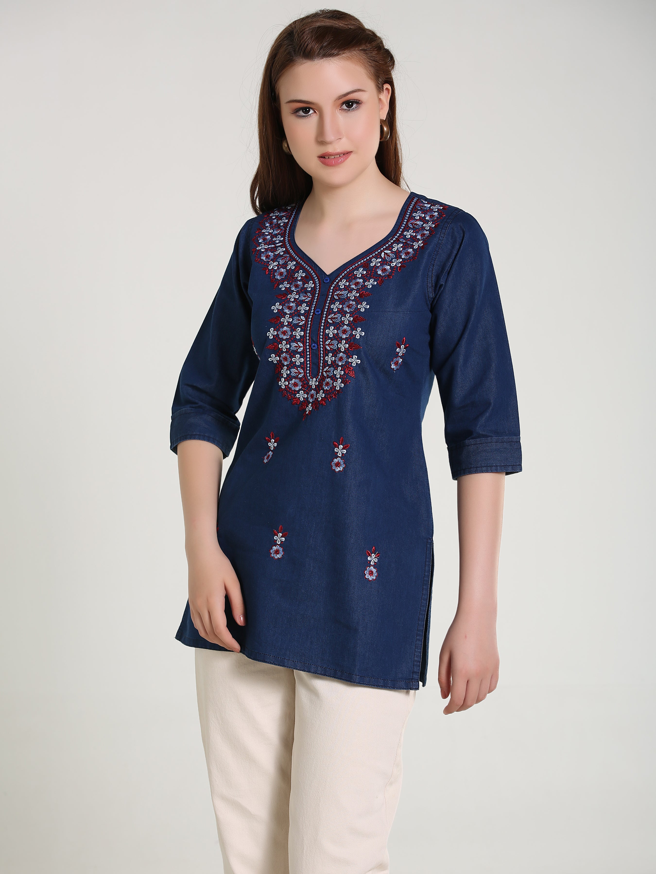 Denim Multi Lucknowi Embroidred Kurti