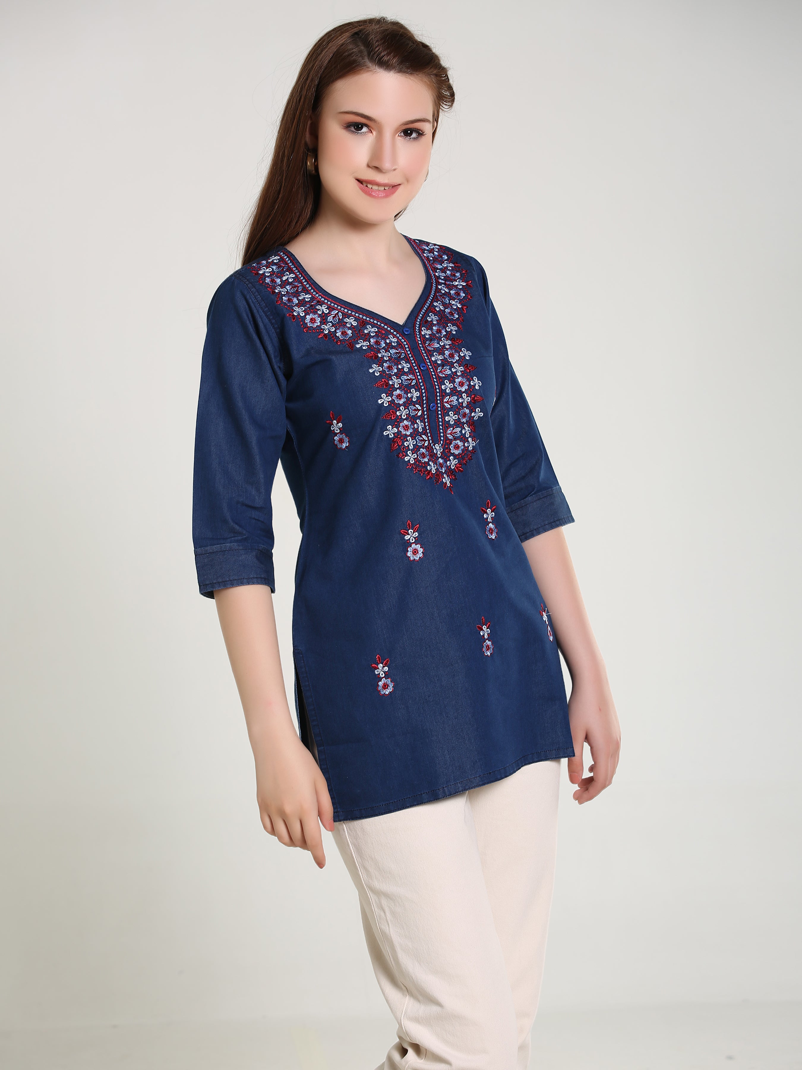 Denim Multi Lucknowi Embroidred Kurti