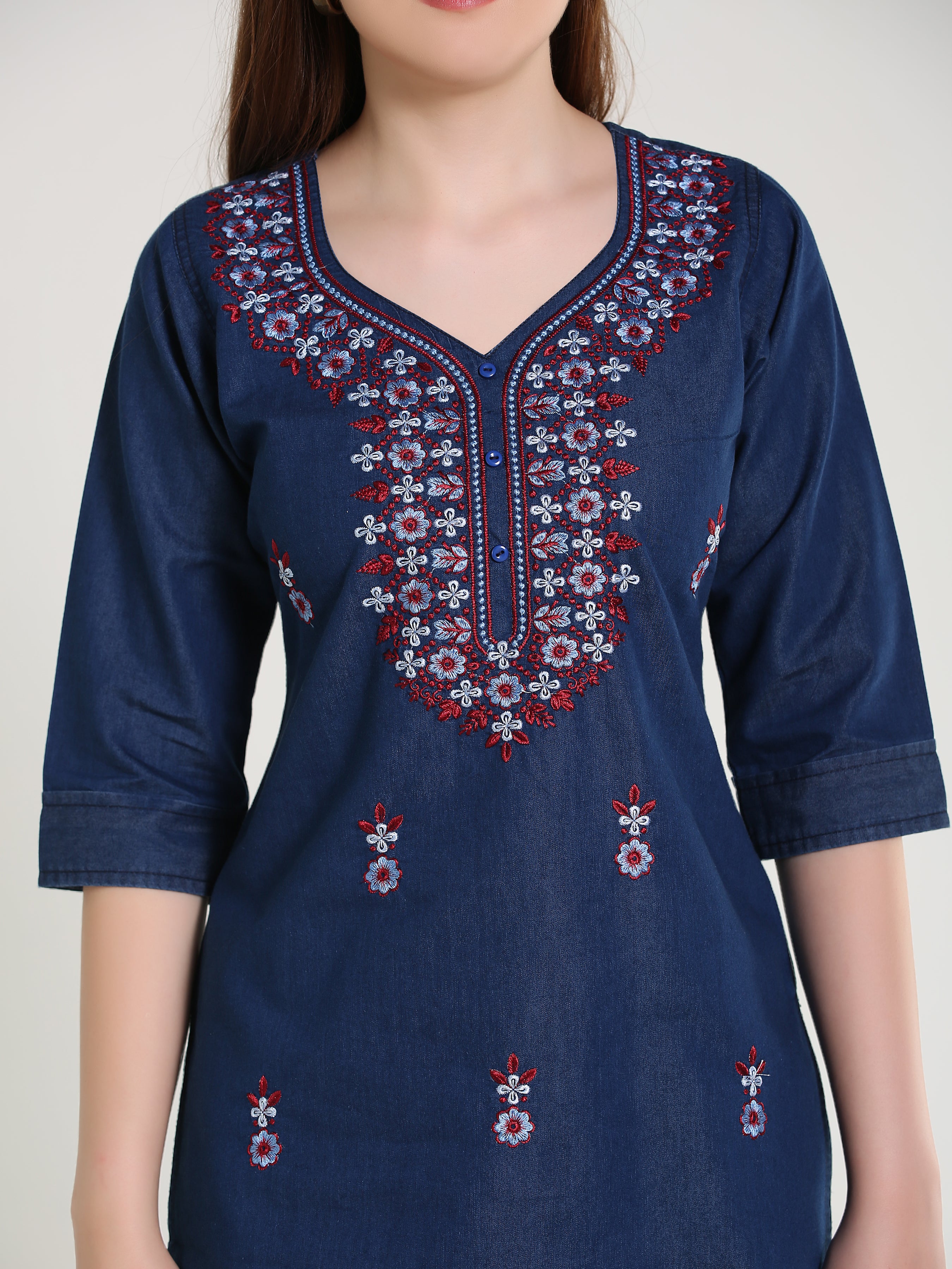 Denim Multi Lucknowi Embroidred Kurti