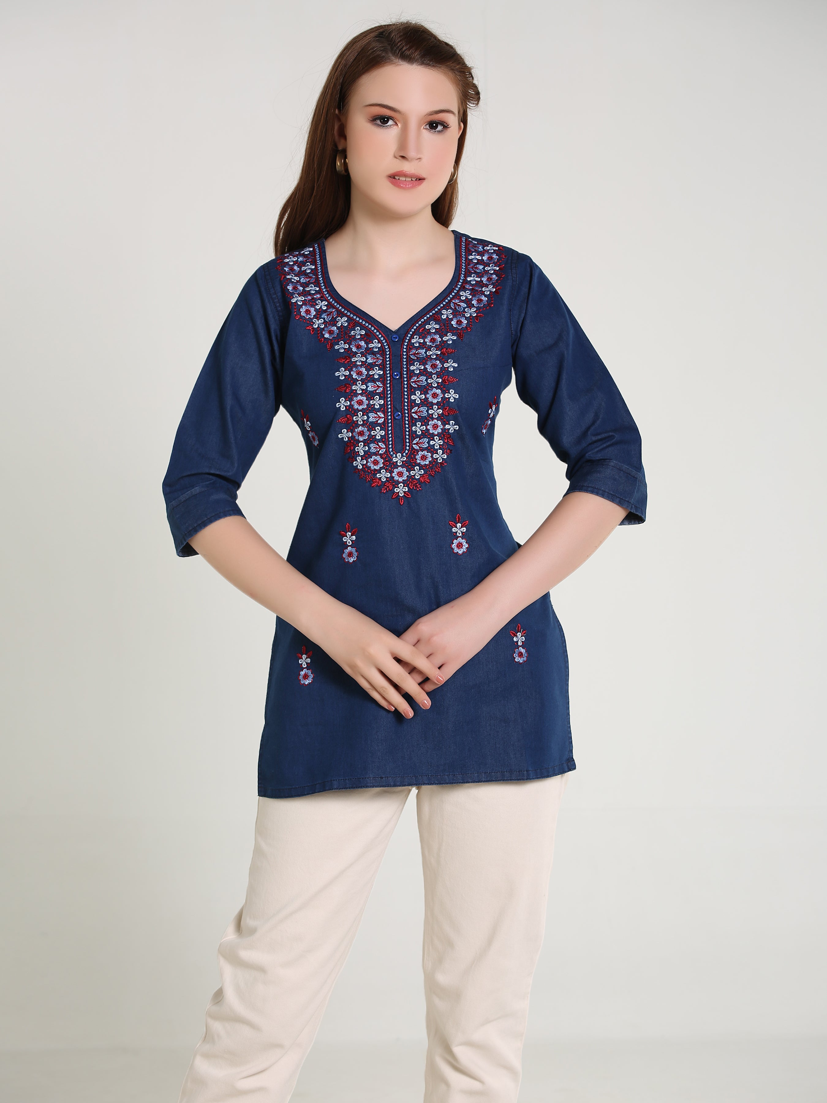 Denim Multi Lucknowi Embroidred Kurti