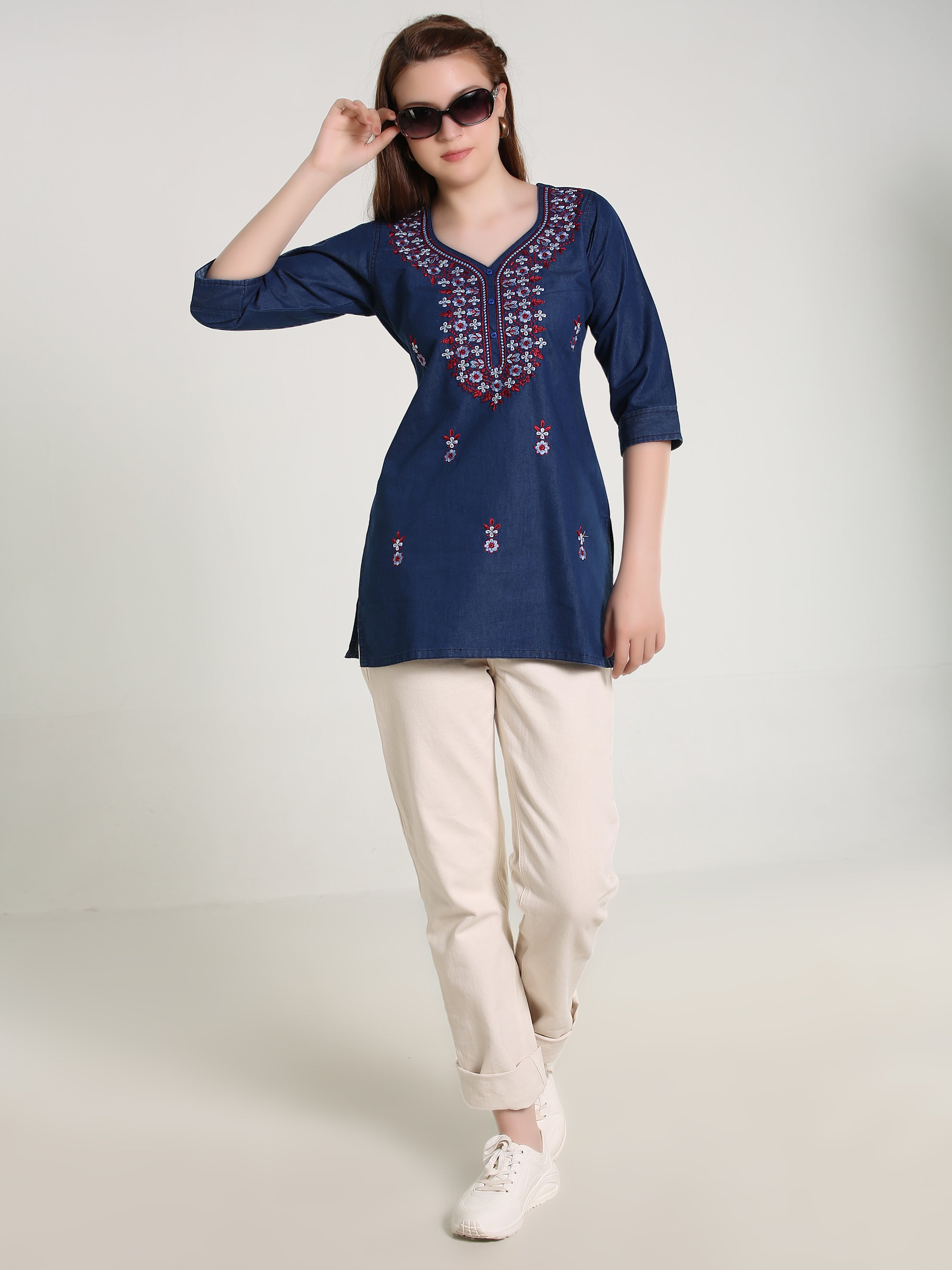 Denim Multi Lucknowi Embroidred Kurti