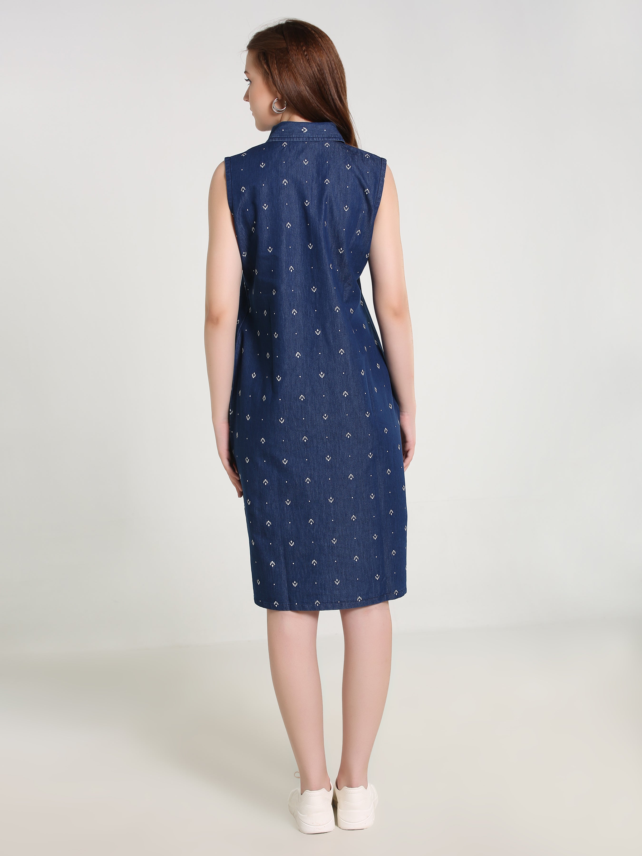 Denim Arrow Printed Sleeveless Both Side Pocket Shirt Collar One Piece